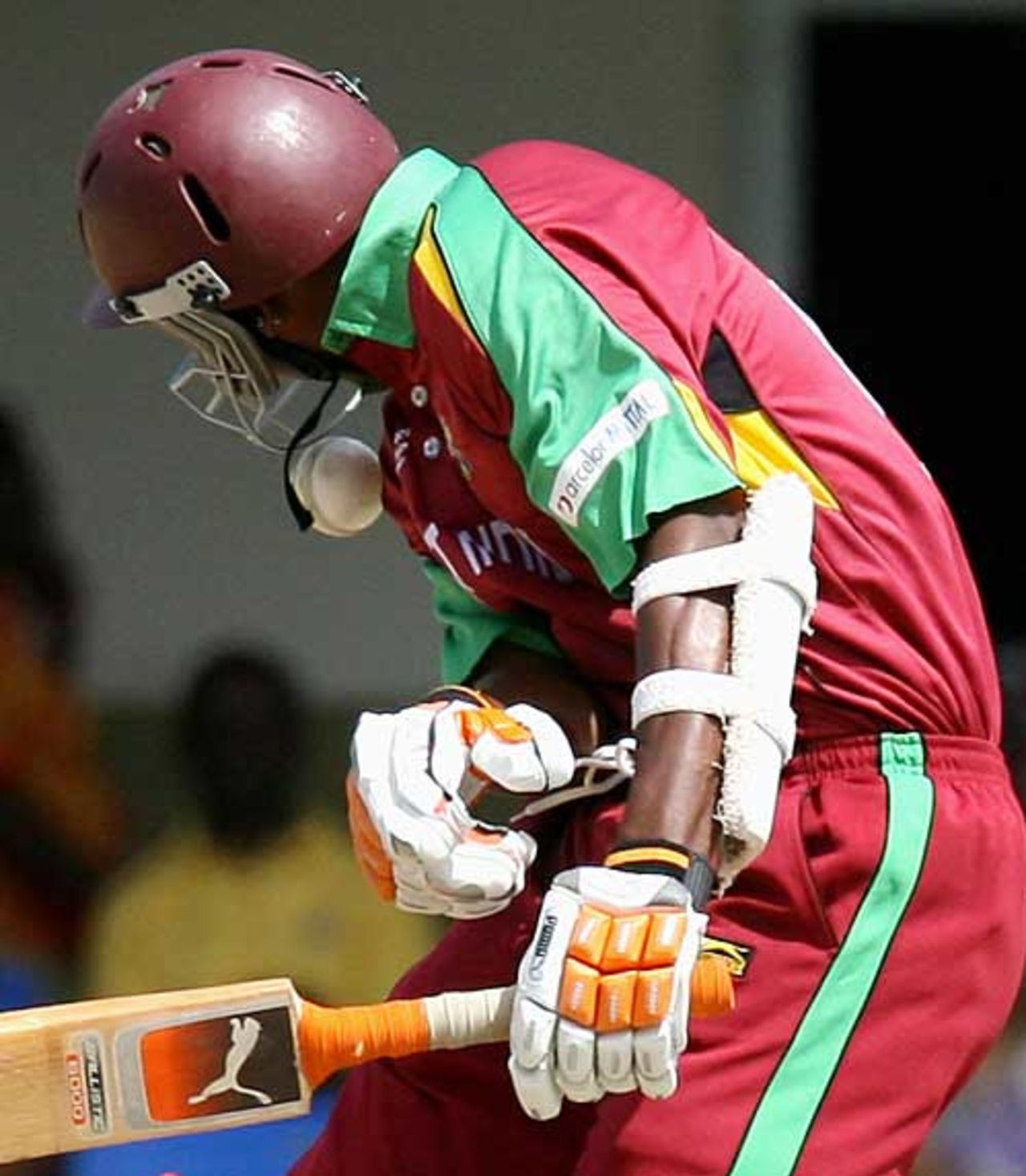 Marlon Samuels takes a bouncer on the chin, West Indies v Australia, Super Eights, Antigua, March 28, 2007