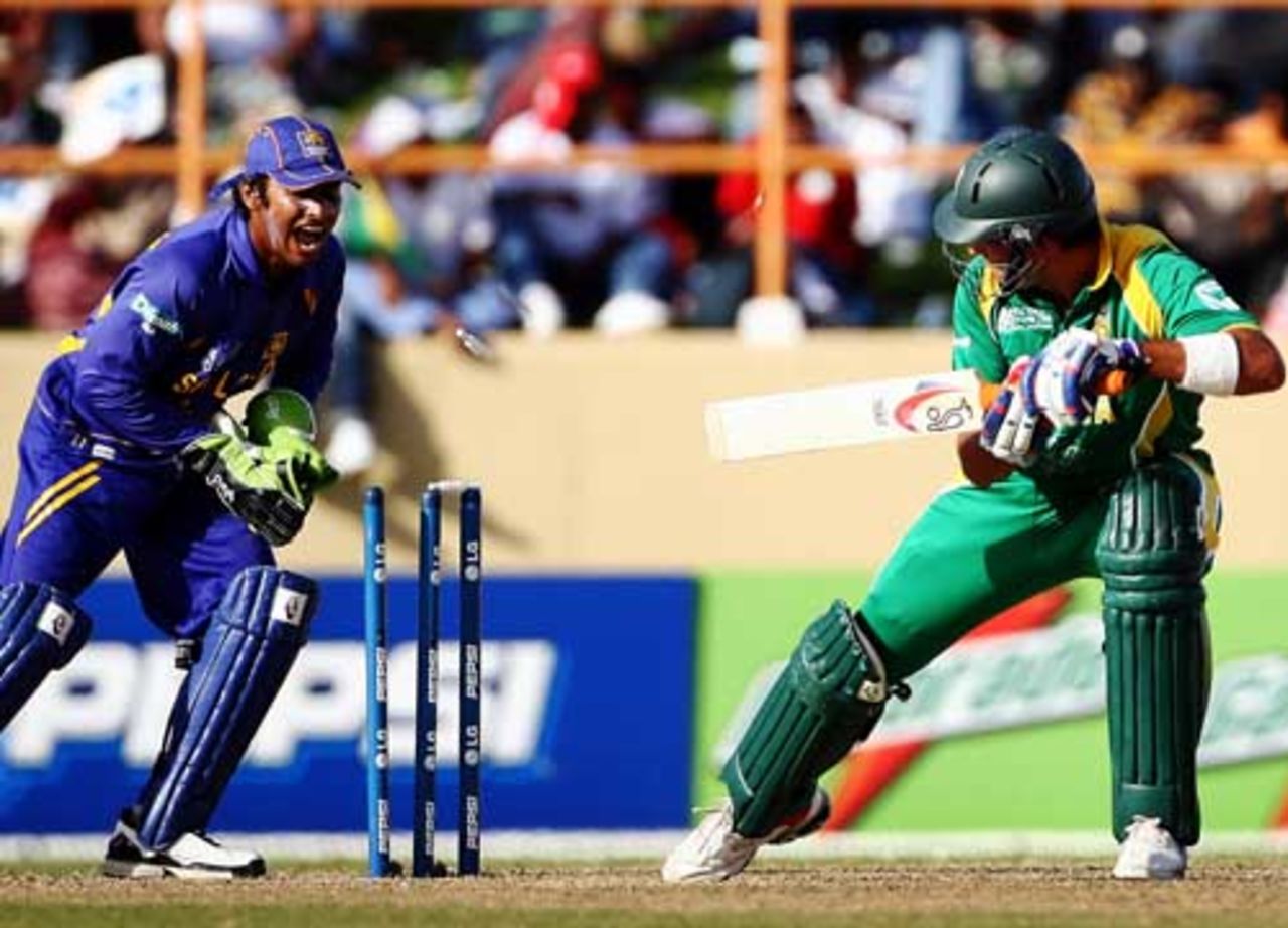 Kumar Sangakkara stumps Justin Kemp for five, South Africa v Sri Lanka, Super Eights, Guyana, March 28, 2007