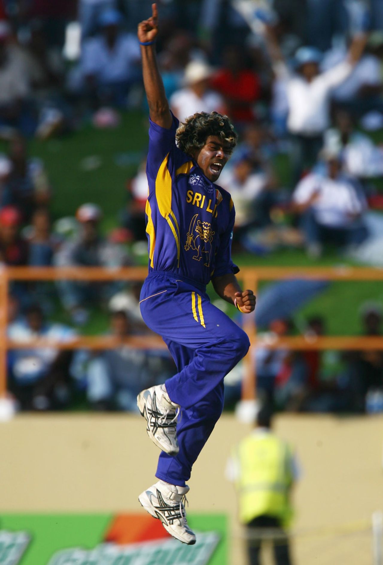 Four sure: Lasith Malinga celebrates getting four wickets in four balls, South Africa v Sri Lanka, Super Eights, Guyana, March 28, 2007