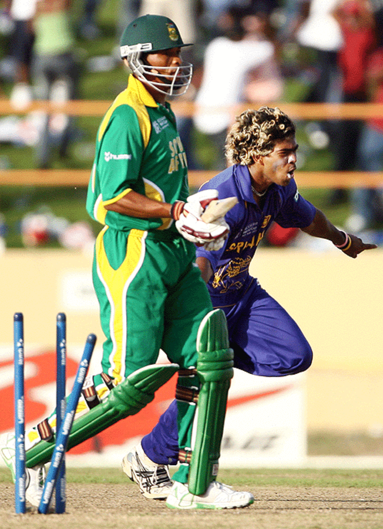 With the wicket of Makhaya Ntini, Lasith Malinga became the first bowler in ODIs to get four wickets in four balls, South Africa v Sri Lanka, Super Eights, Guyana, March 28, 2007