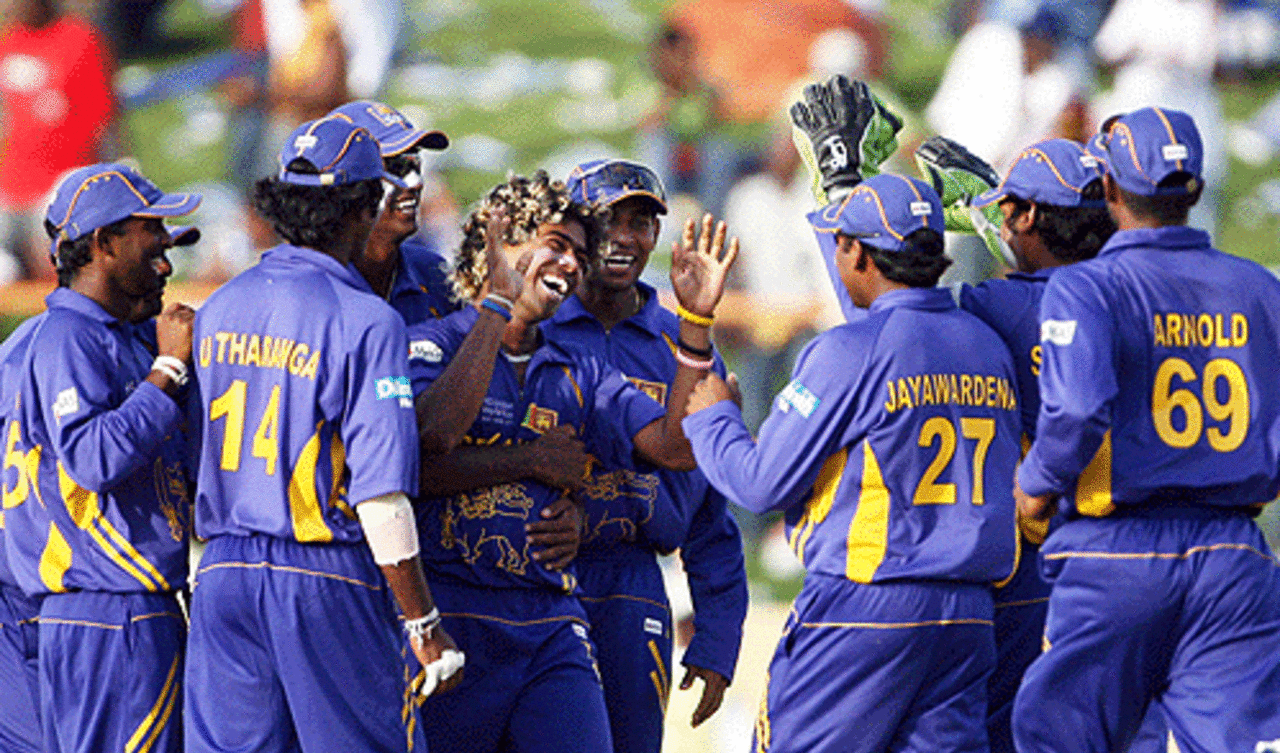 Lasith Malinga is congratulated by his team-mates for becoming the first bowler in ODIs to take four wickets from four balls, South Africa v Sri Lanka, Super Eights, Guyana, March 28, 2007