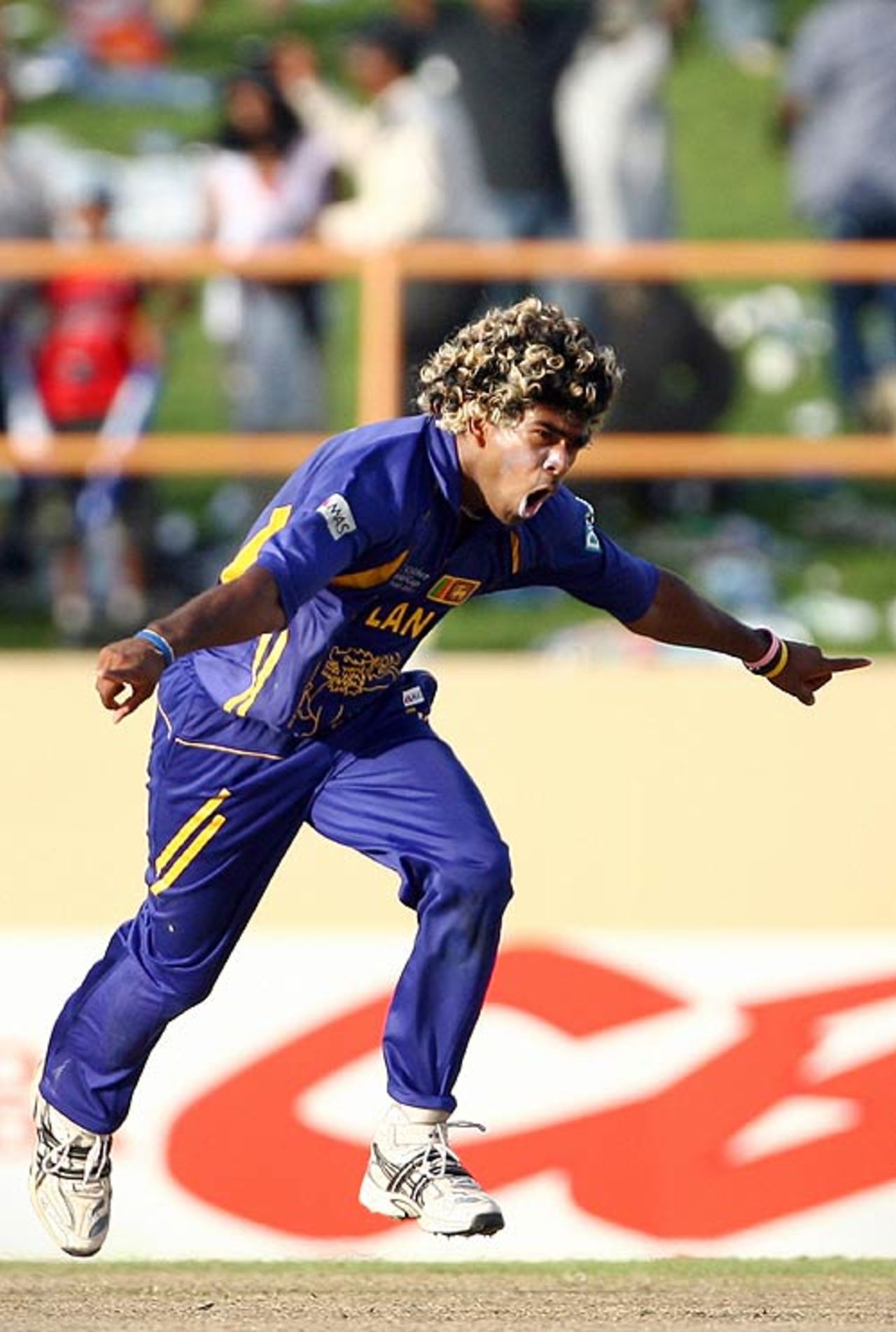 Lasith Malinga enjoys the moment after taking four wickets with consecutive deliveries, South Africa v Sri Lanka, Super Eights, Guyana, March 28, 2007