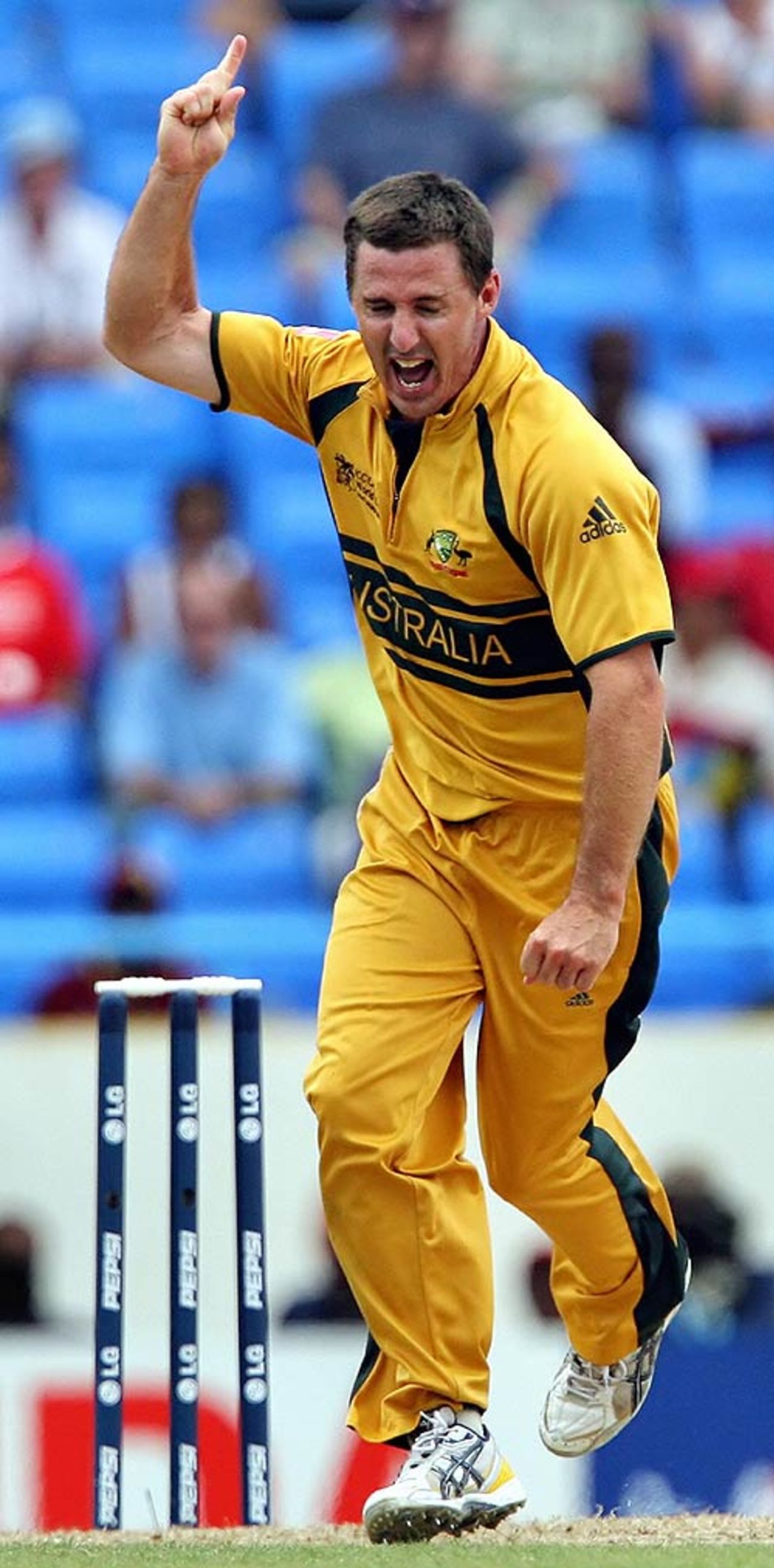 Brad Hogg celebrates a wicket, West Indies v Australia, Super Eights, Antigua, March 28, 2007