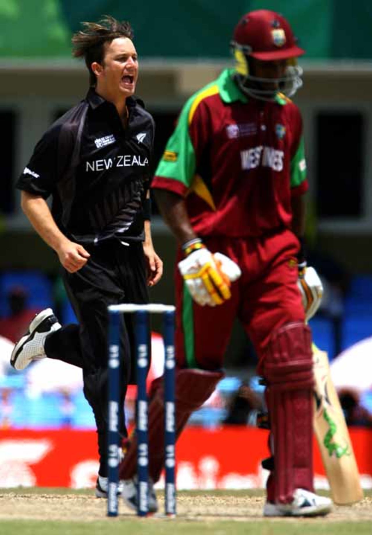 Shane Bond struck off the first ball of his second spell, forcing Dwayne Bravo to edge, West Indies v New Zealand, Super Eights, Antigua, March 29, 2007