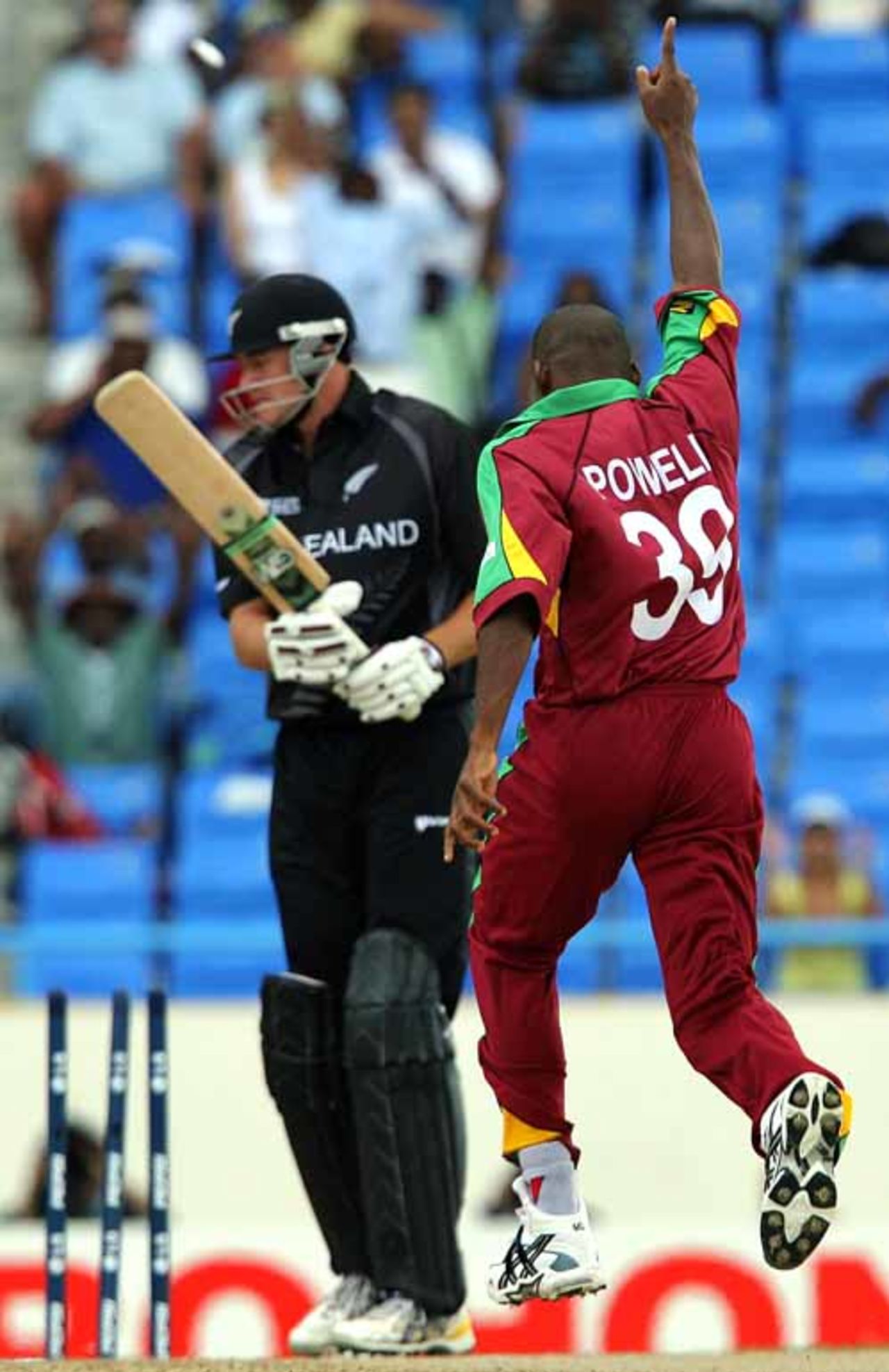 Daren Powell castles Peter Fulton for a second-ball duck, West Indies v New Zealand, Super Eights, Antigua, March 29, 2007