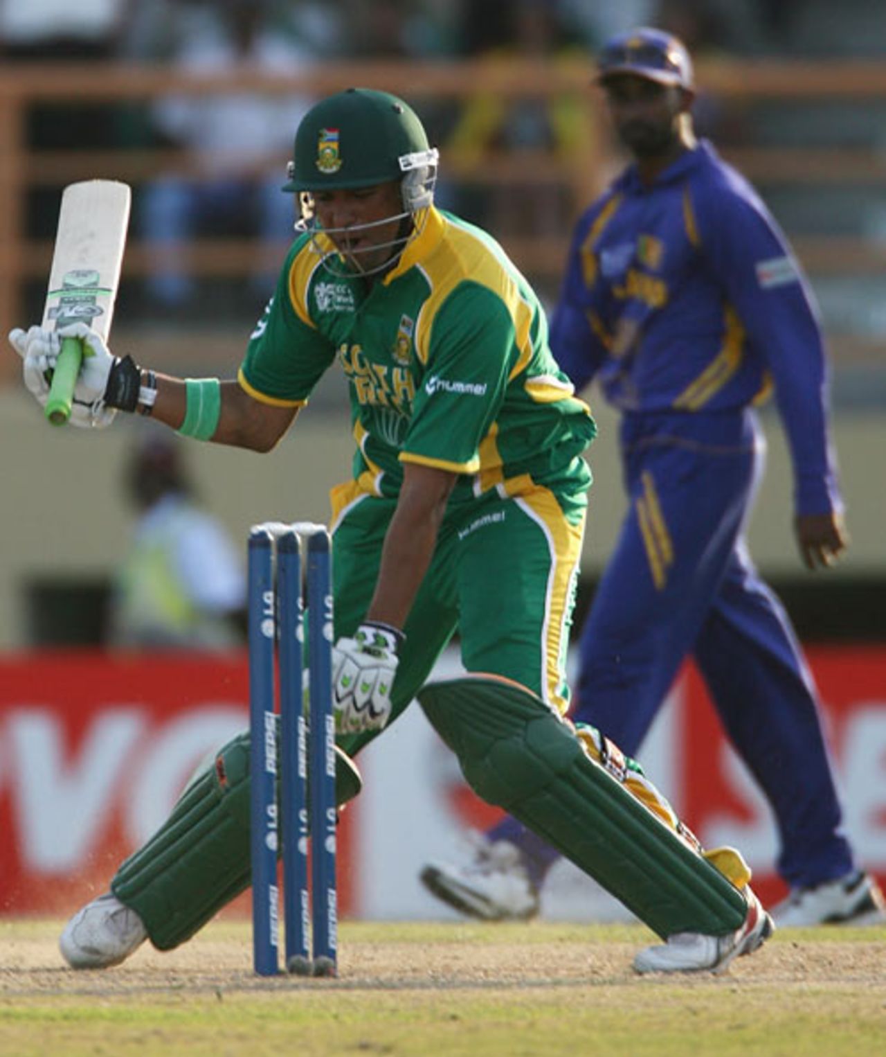 Robin Peterson prepares to demolish the stumps after scoring South Africa's winning runs, South Africa v Sri Lanka, Super Eights, Guyana, March 28, 2007