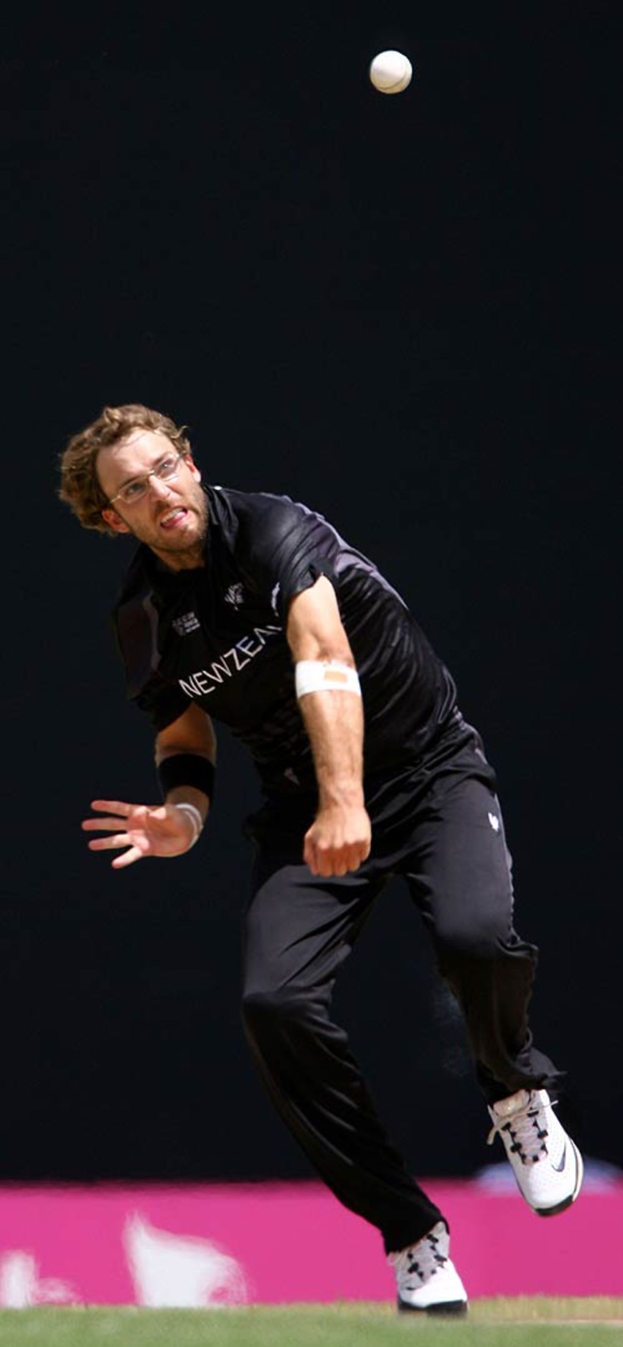 Daniel Vettori sends down a delivery, West Indies v New Zealand, Super Eights, Antigua, March 29, 2007