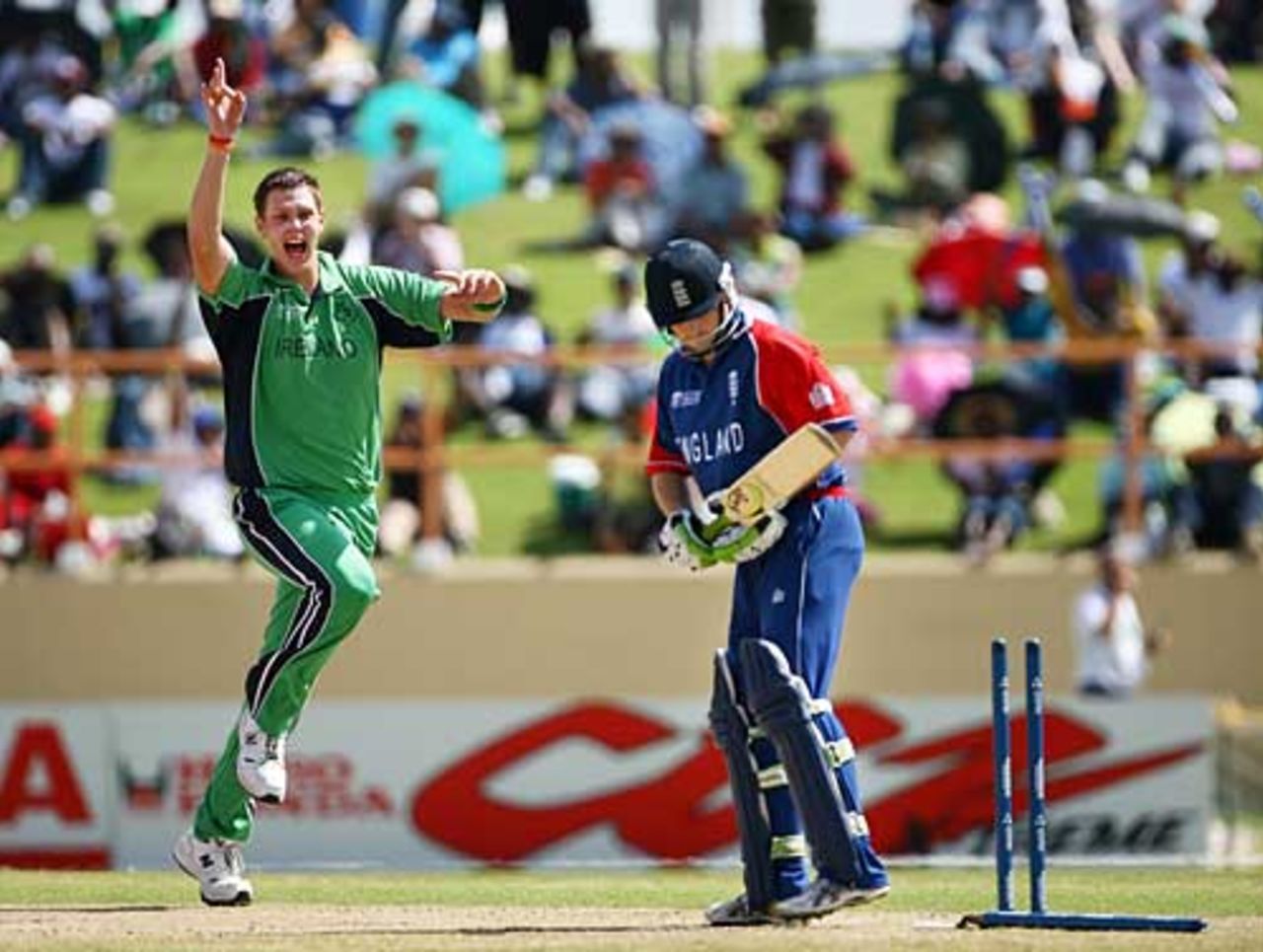 Ed Joyce looks back after deciding not to play a shot at Boyd Rankin's first ball, England v Ireland, Super Eights, Guyana, March 30, 2007