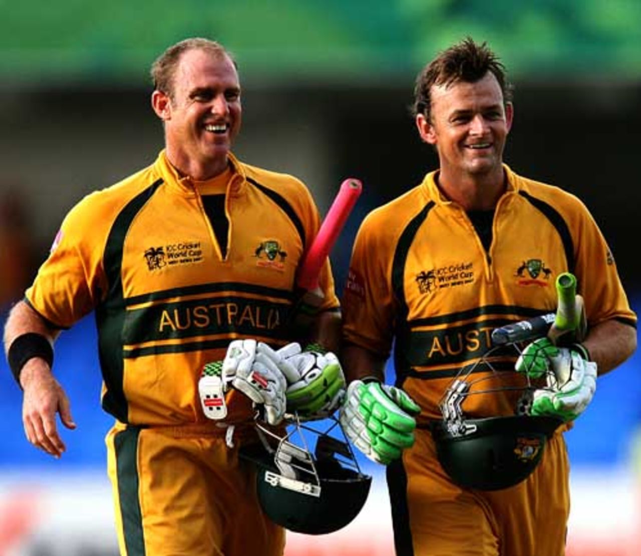 Matthew Hayden and Adam Gilchrist walk off after clinching a ten-wicket win, Australia v Bangladesh, Super Eights, Antigua, March 31, 2007