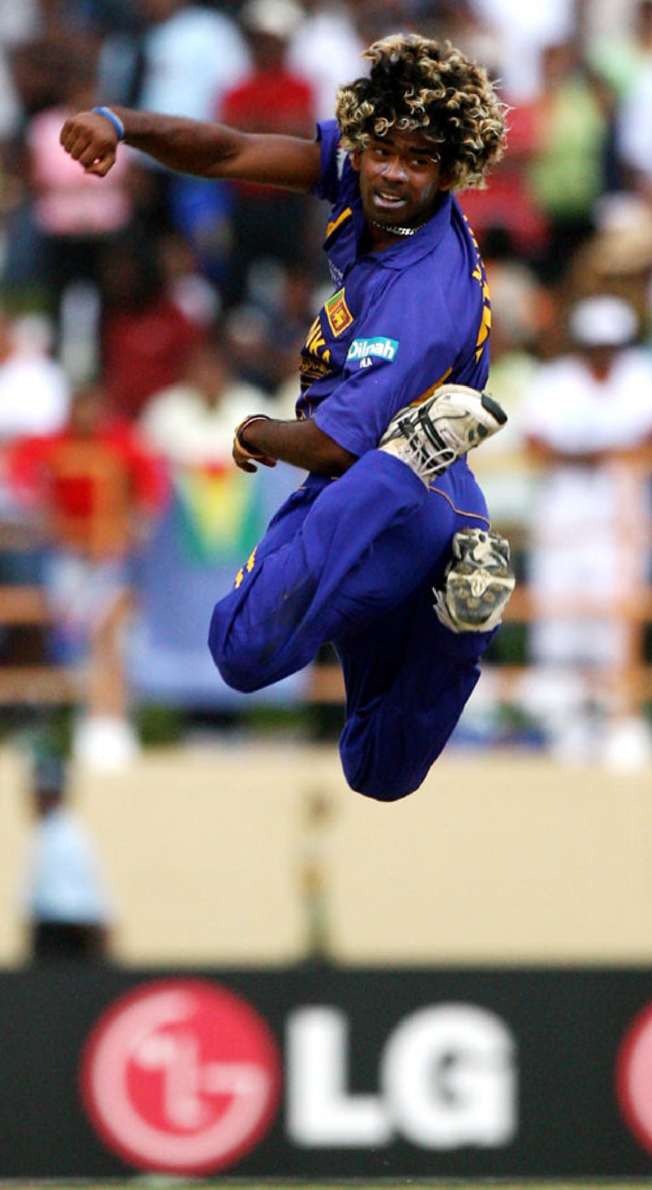 Lasith Malinga celebrates his scalp of Chris Gayle, West Indies v Sri Lanka, Super Eights, Guyana, April 1, 2007