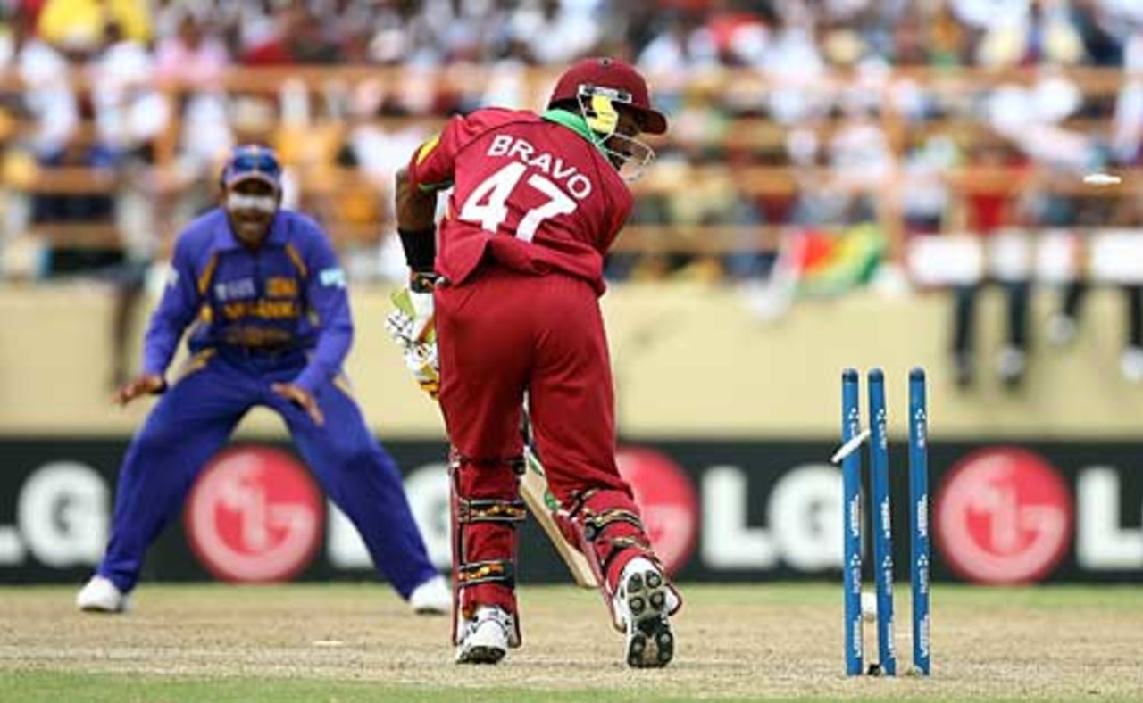 Dwayne Bravo is bowled by Chaminda Vaas to the delight of Mahela Jayawardene, West Indies v Sri Lanka, Super Eights, Guyana, April 1, 2007