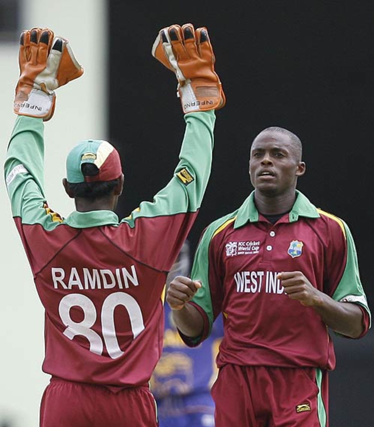 Denesh Ramdin congratulates Daren Powell on finally removing Sanath Jayasuriya, West Indies v Sri Lanka, Super Eights, Guyana, April 1, 2007