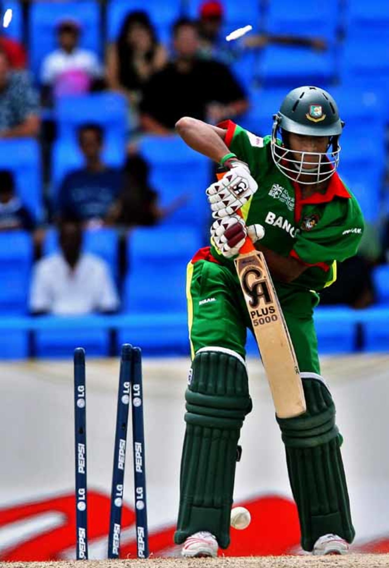 Saqibul Hasan's stumps get rearranged by an express Shane Bond yorker, Bangladesh v New Zealand, Super Eights, Antigua, April 2, 2007