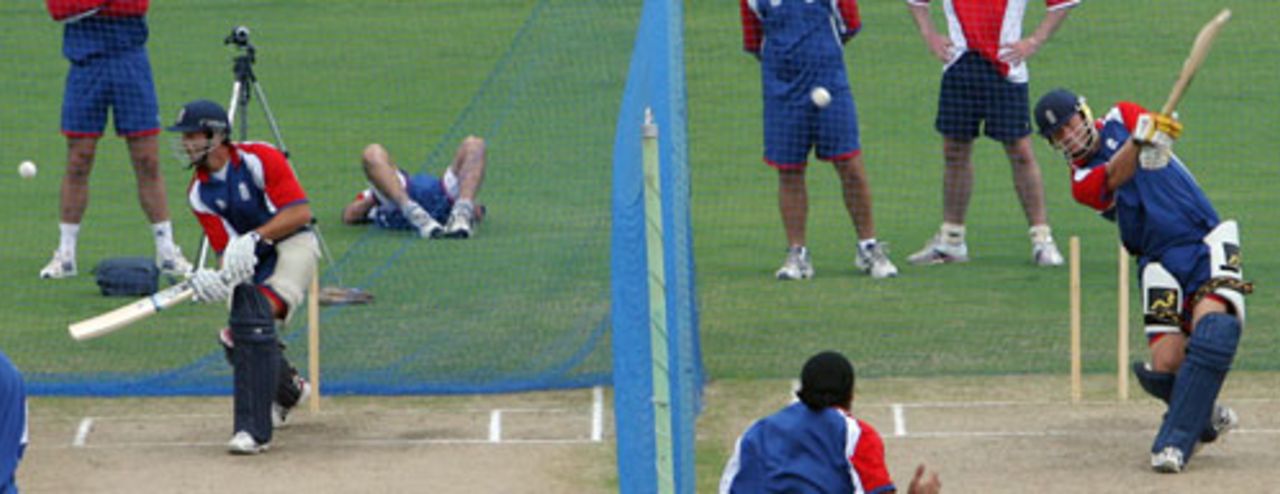 Michael Vaughan and Andrew Flintoff in the nets in Antigua, April 3, 2007