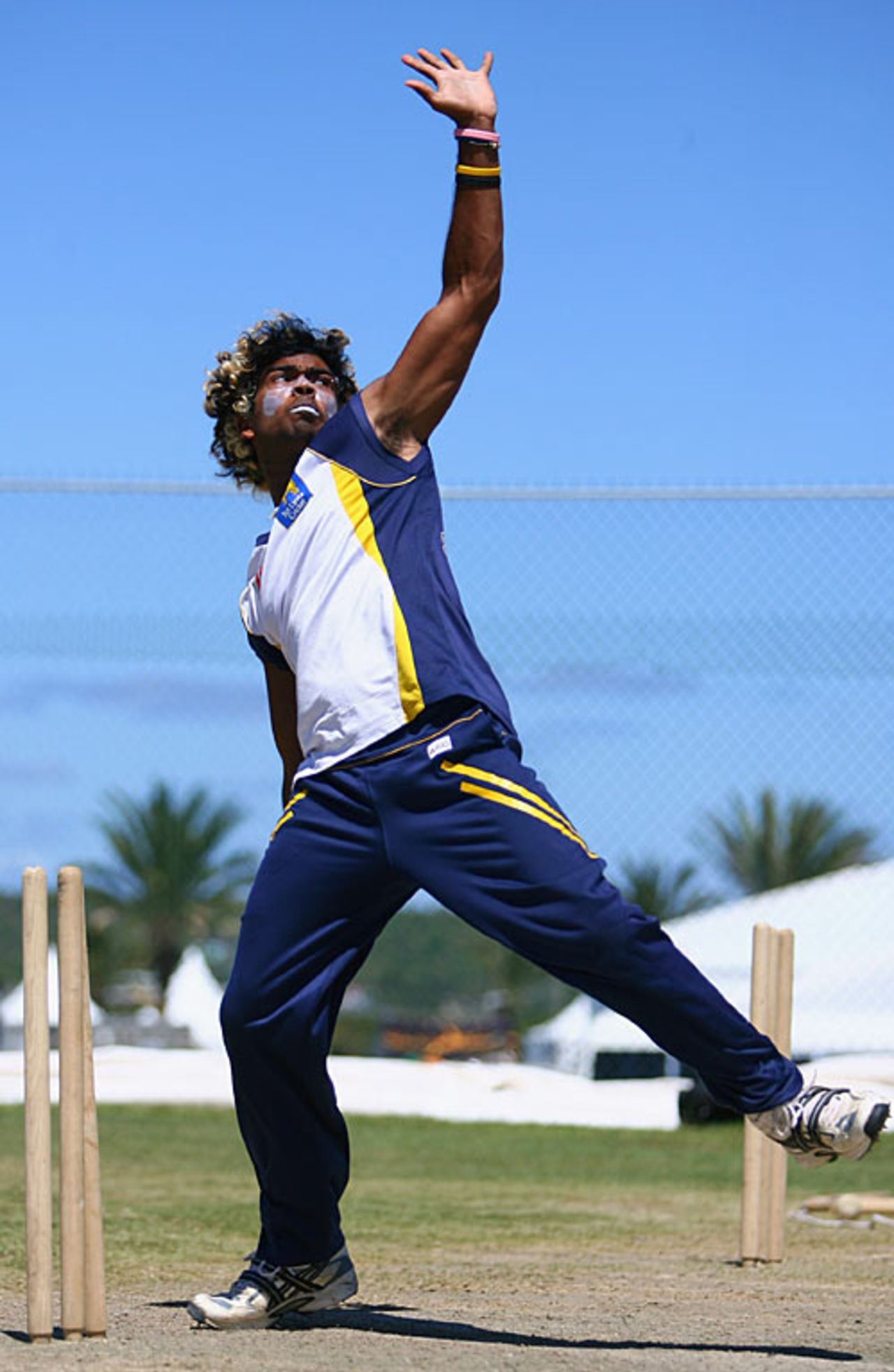 Lasith Malinga flies into bowl in the nets ahead of Sri Lanka's match against England, Antigua, April 3, 2007