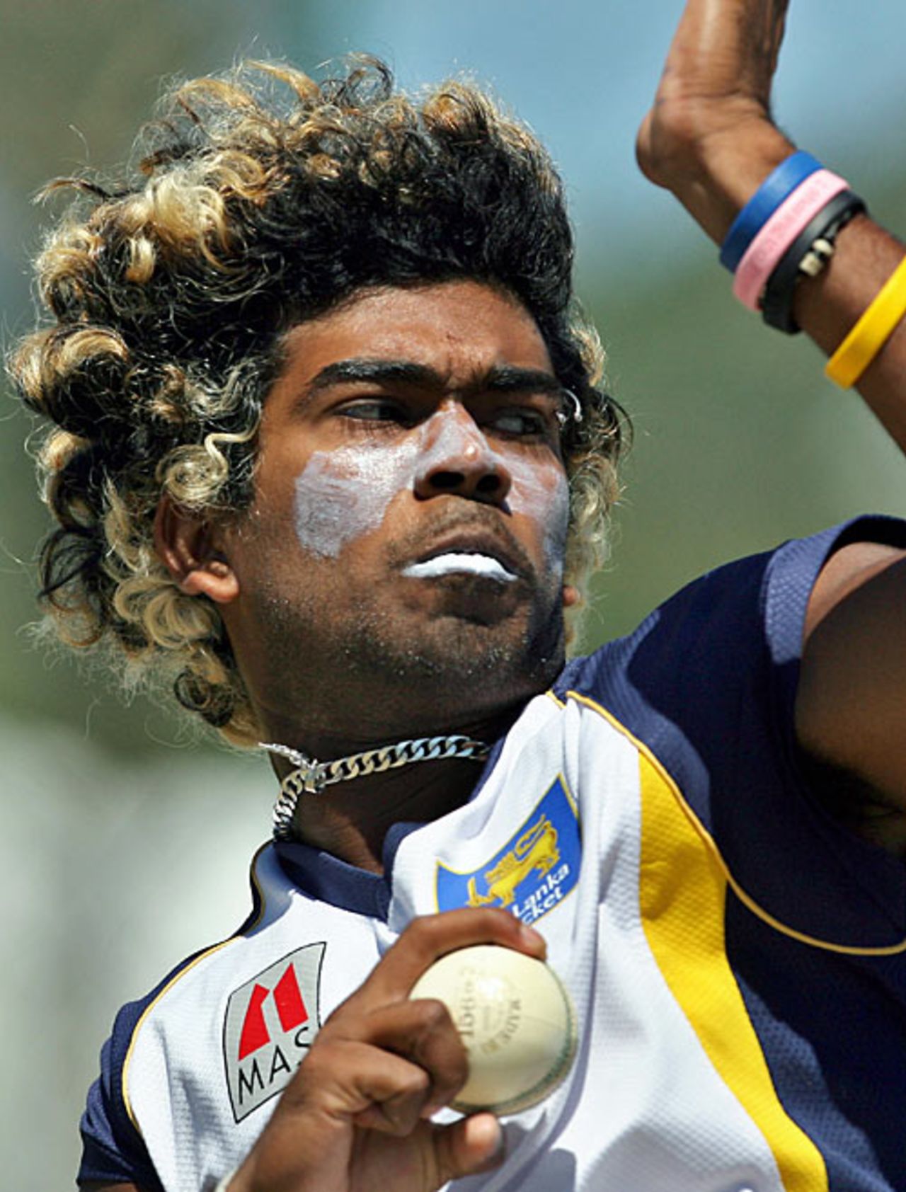A close-up of Lasith Malinga in the nets ahead of Sri Lanka's match against England, Antigua, April 3, 2007
