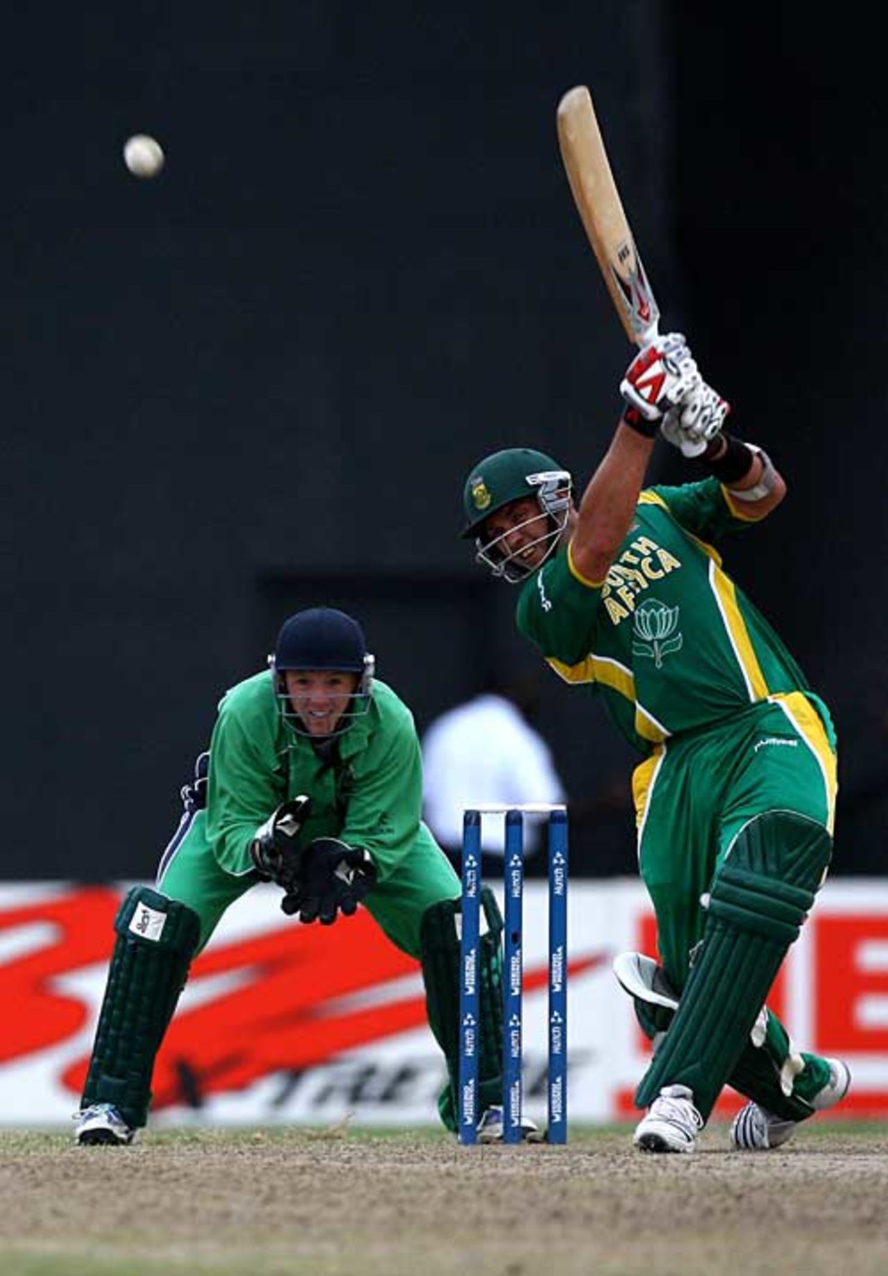 Jacques Kallis steps and goes over mid off during his unbeaten 66, Ireland v South Africa, Guyana, April 3, 2007