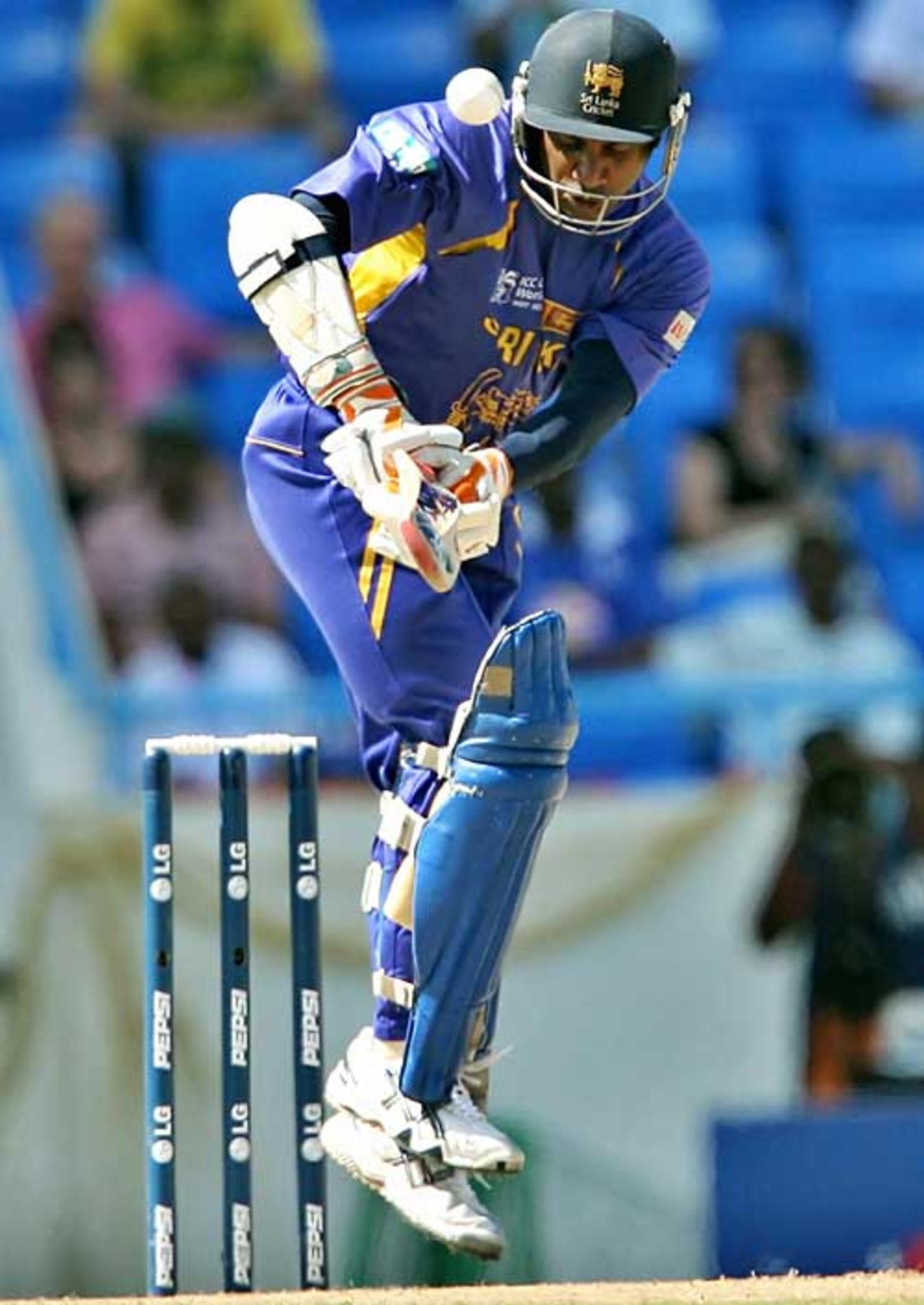 Sanath Jayasuriya jumps to play a rising ball and soon fell for 25, England v Sri Lanka, Super Eights, Antigua, April 4, 2007