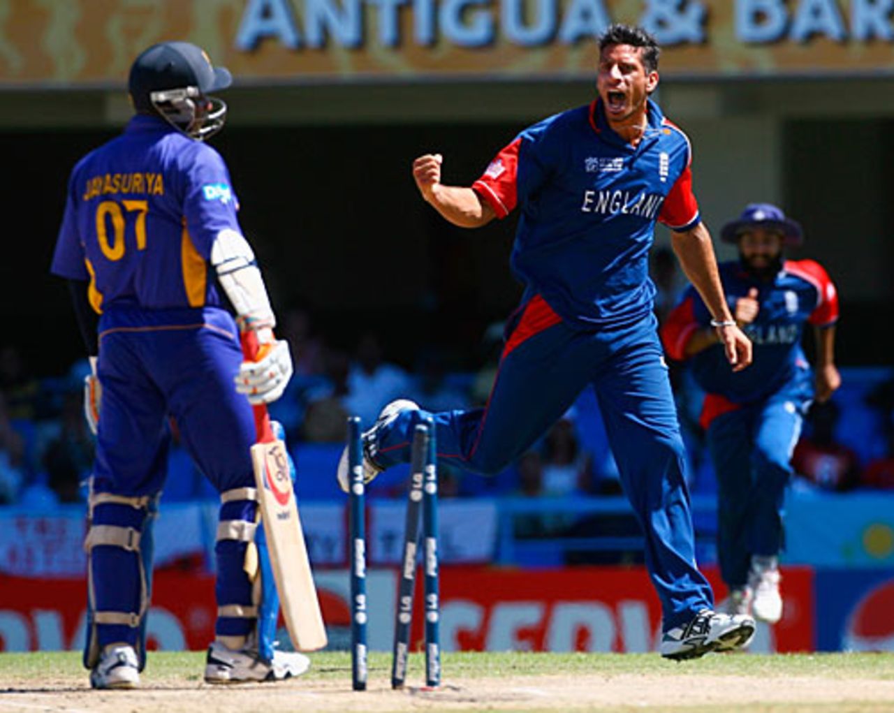 Sanath Jayasuriya is dismissed by Sajid Mahmood, England v Sri Lanka, Super Eights, Antigua, April 4, 2007