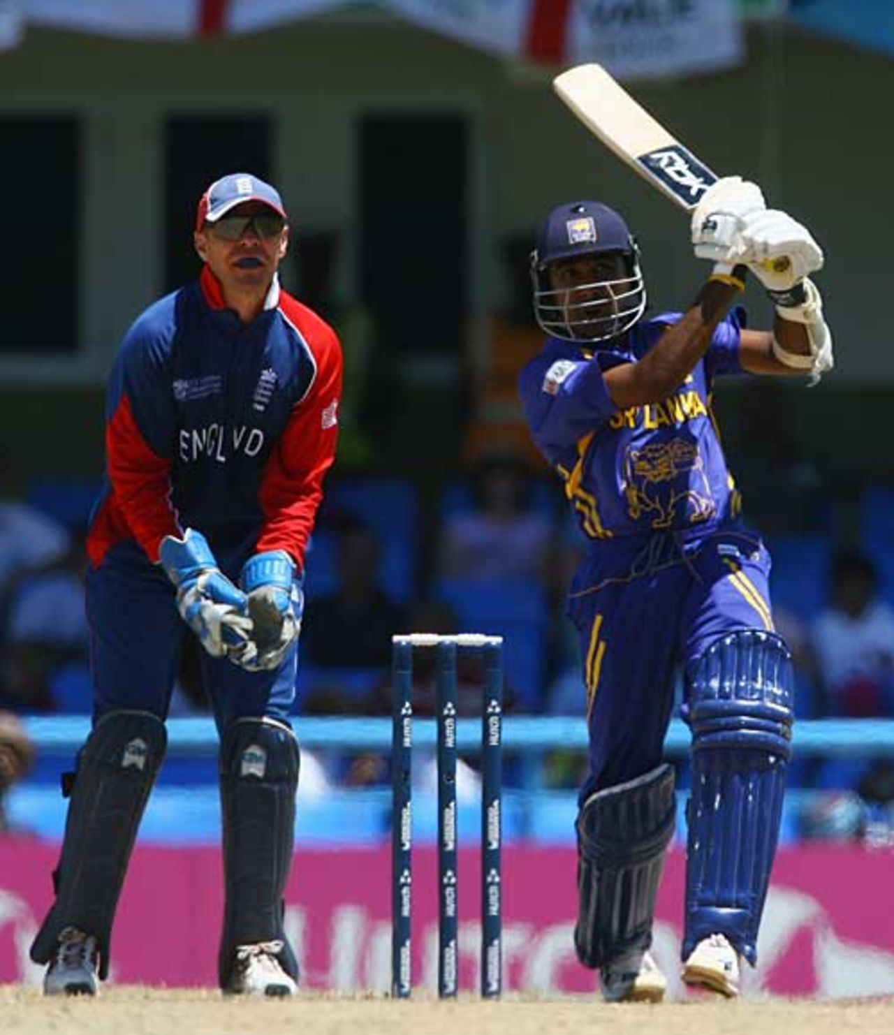 Mahela Jayawardene goes down the ground during his half century, England v Sri Lanka, Super Eights, Antigua, April 4, 2007