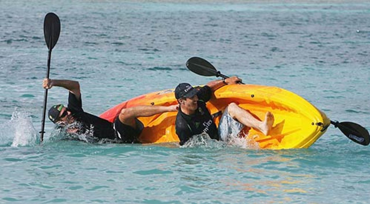 Glenn McGrath and Brad Hogg get rather wet as their kayak capsizes, St John's, Antigua, April 3, 2007