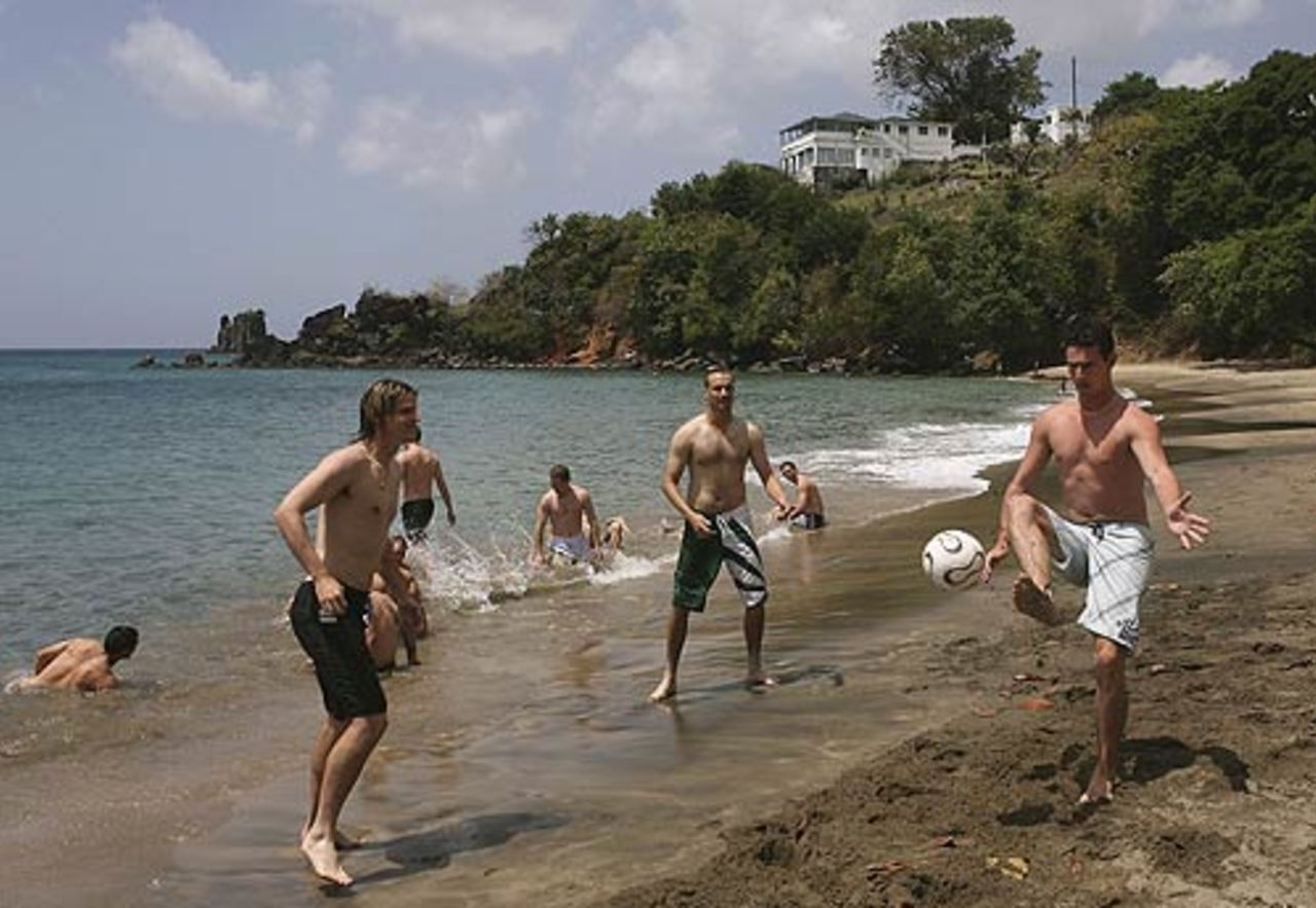 Shaun Tait, Stuart Clark and Nathan Bracken engage in a bit of soccer practice, Villa Beach, St Vincent, March 5, 2007