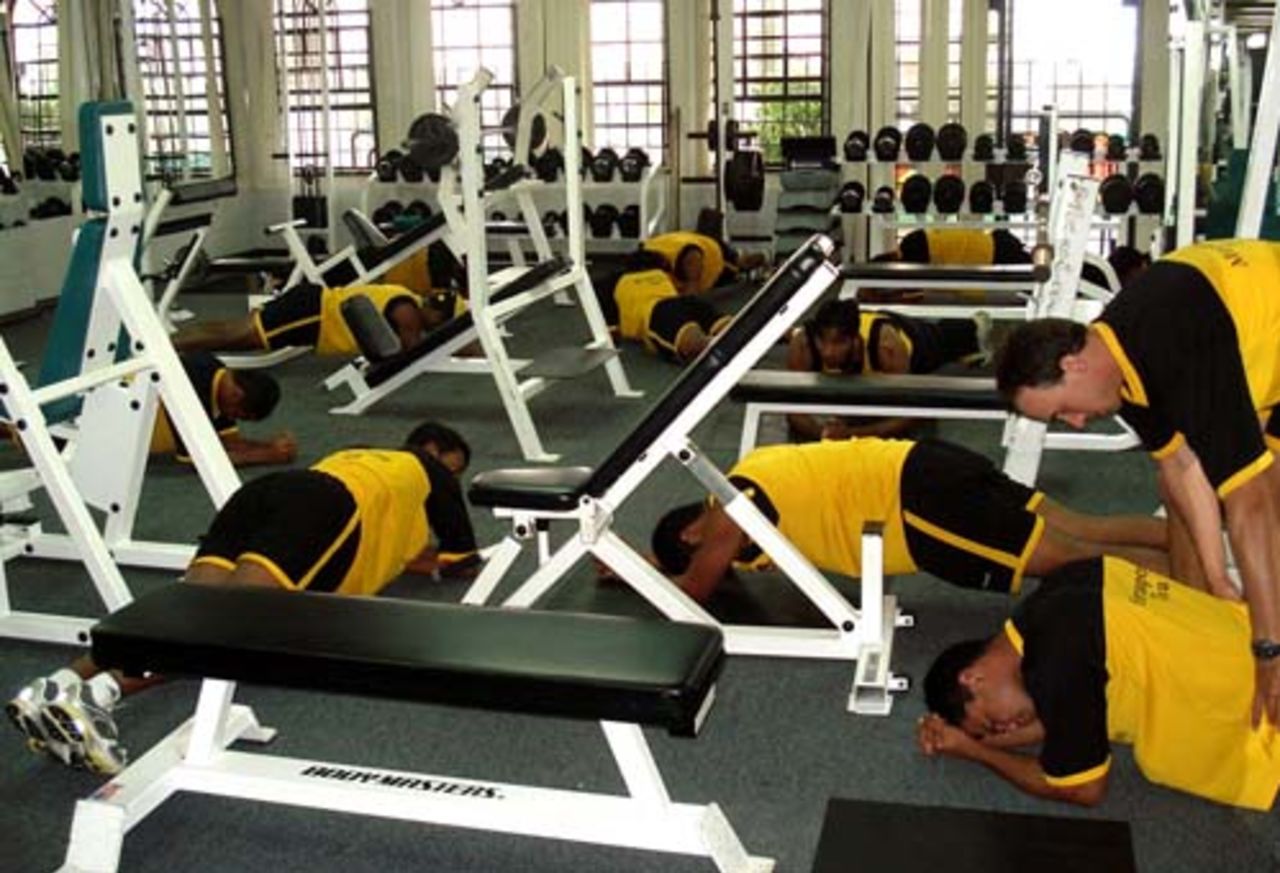 Time for some hard grind: Bangladesh team work out in a gym in Georgetown, Georgetown, April 5, 2007