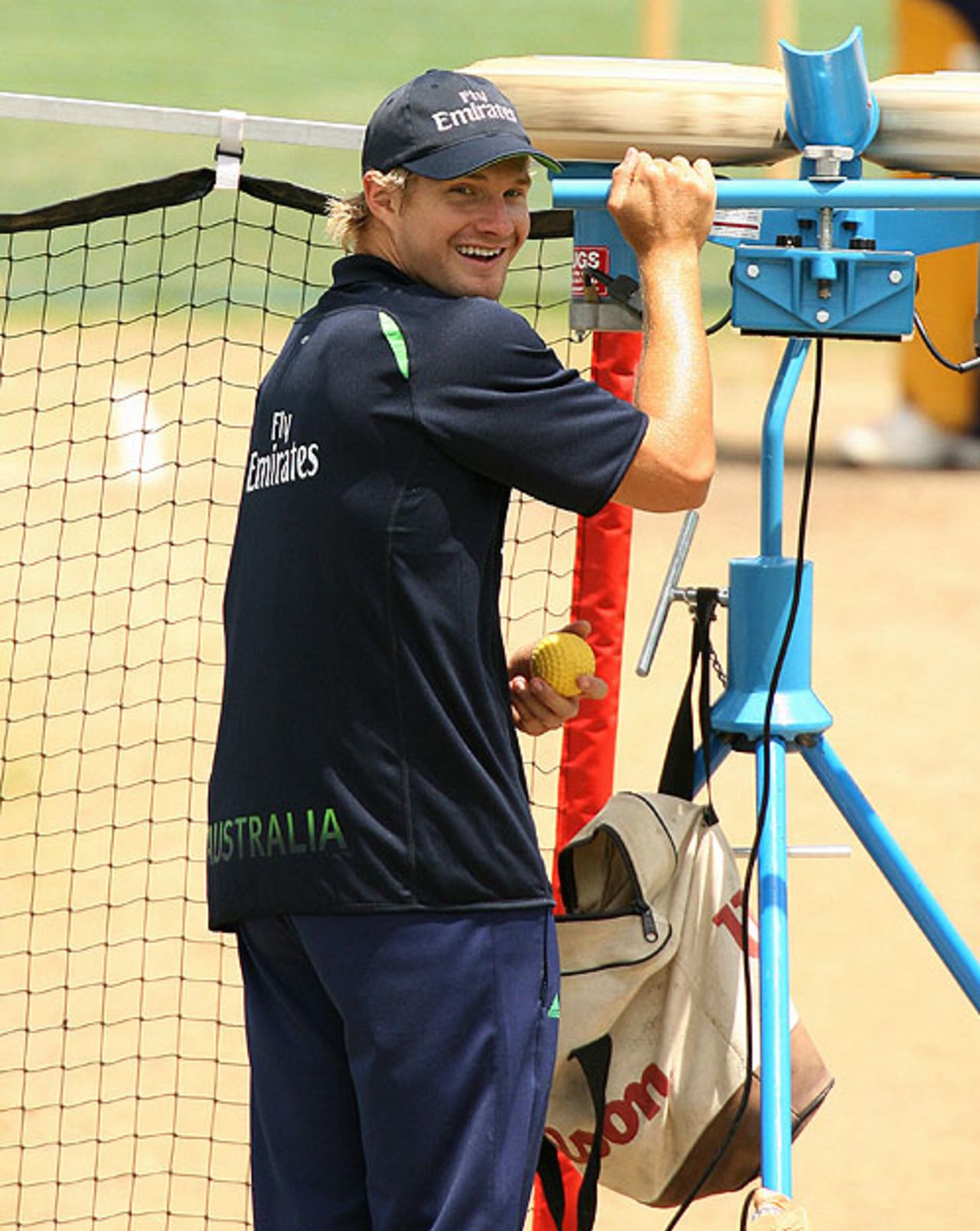 Shane Watson, unable to bowl due to injury, helps his mates out with the bowling machine, St. John's, Antigua, April 5, 2007