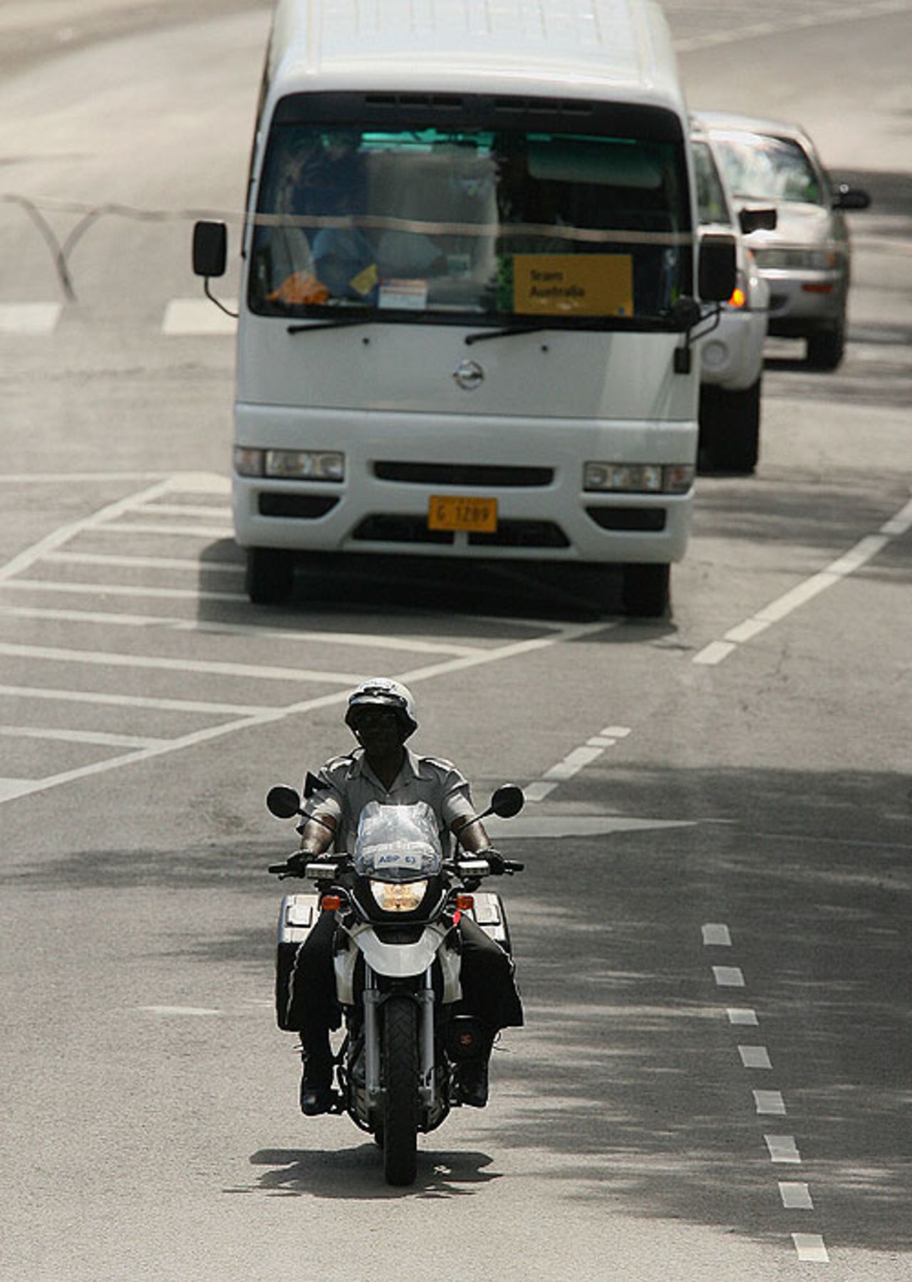 A police motorcade escorts the Australian team bus to the nets, St. John's, Antigua, April 5, 2007