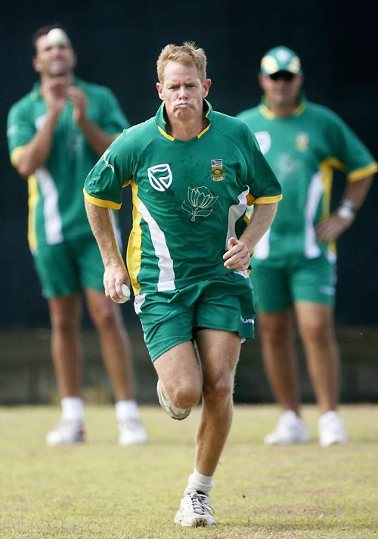 Shaun Pollock runs in to bowl at the nets at Providence, Guyana, April 6, 2007