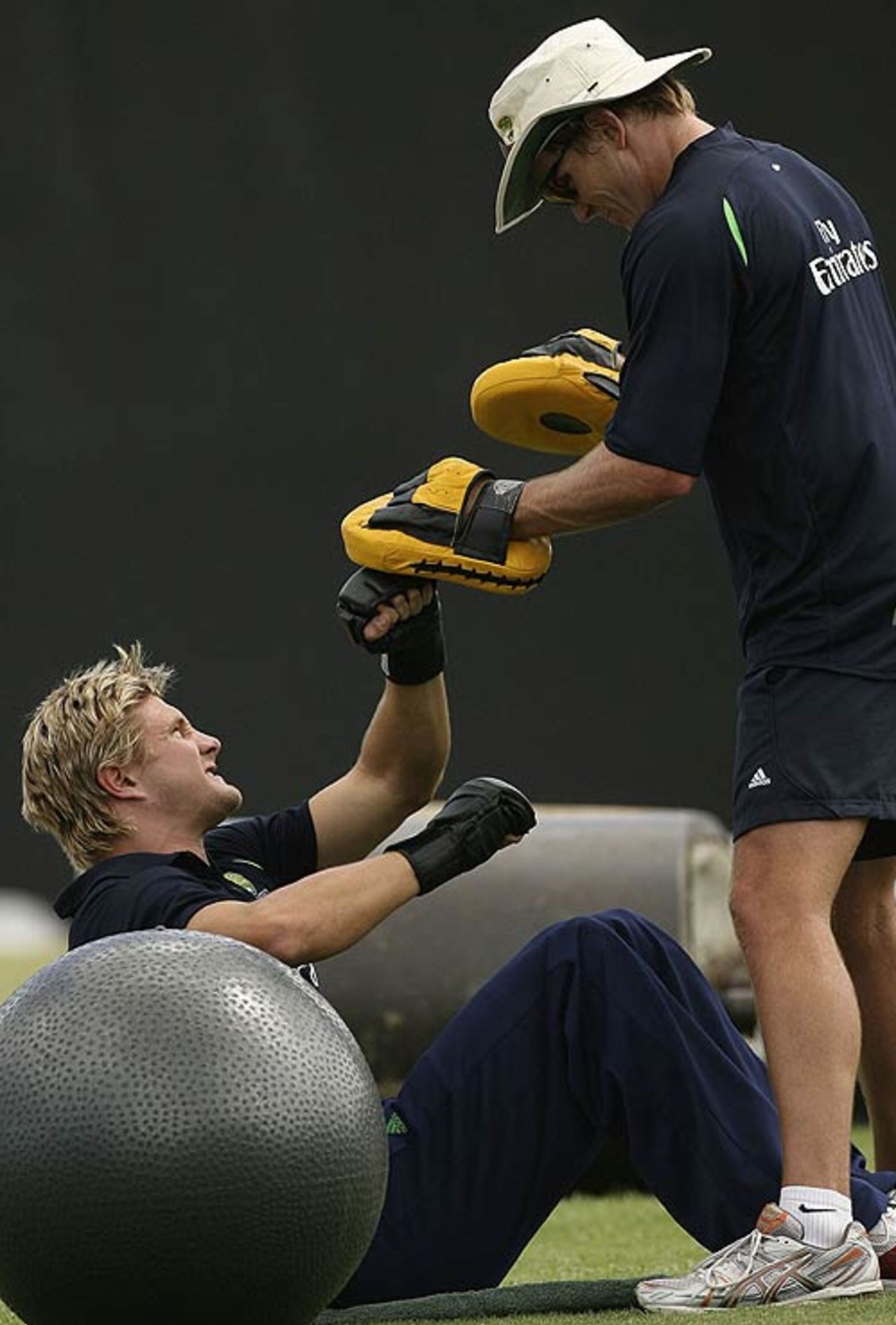 Shane Watson boxes with Justin Cordy, Australia's strength and conditioning coach , Antigua, April 6, 2007