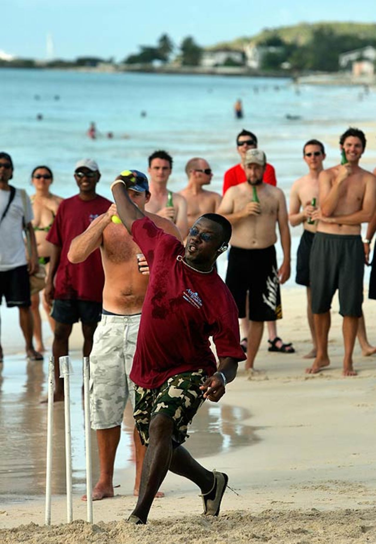 Richie Richardson takes part in a beach cricket game between the Antigua Legends and the visiting journalists, Antigua, March 6, 2007