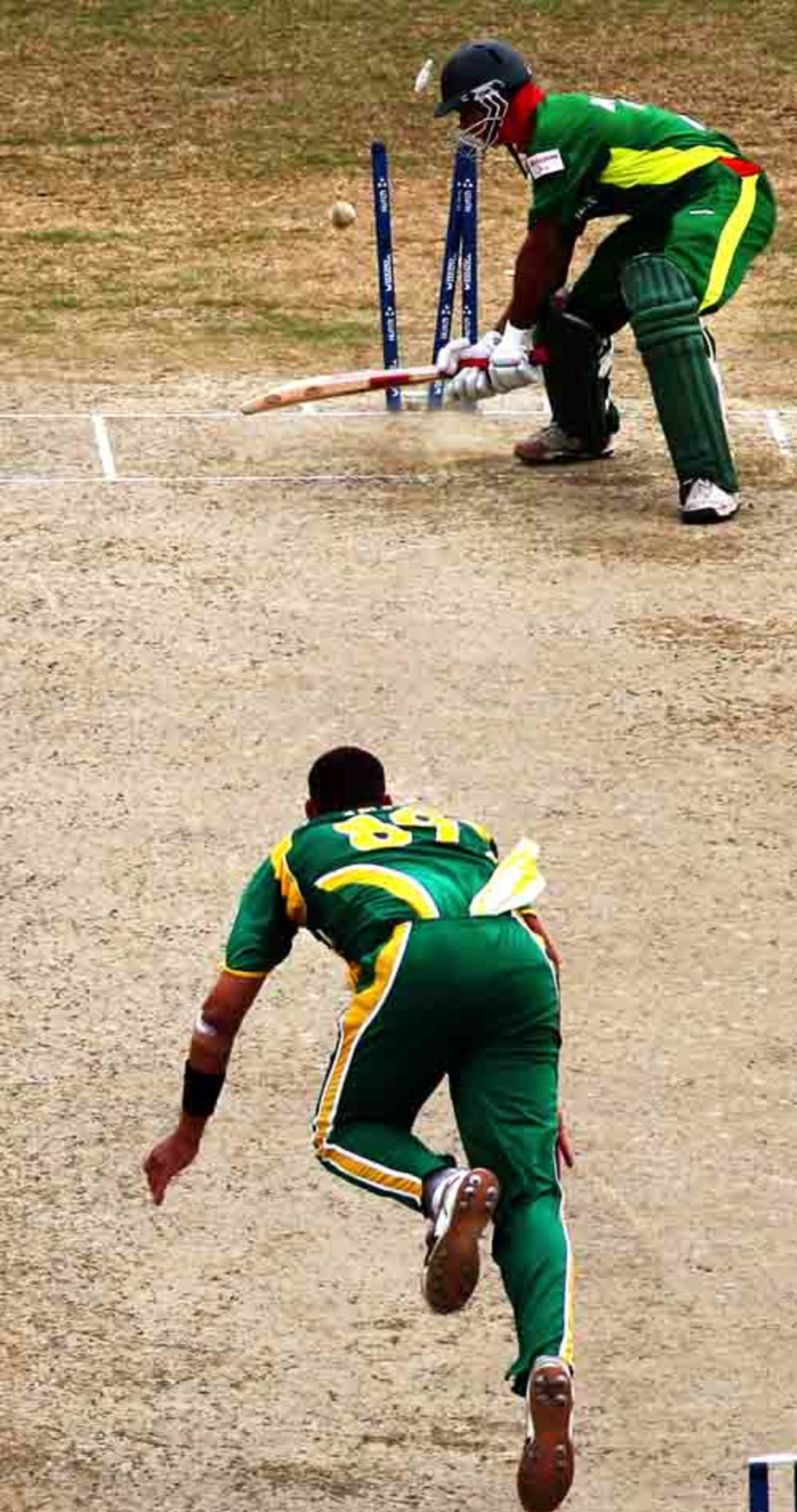 Mashrafe Mortaza gives himself a bit too mych room and is cleaned up by Andre Nel, Bangladesh vs South Africa, Super Eights, Guyana, April 7, 2007
