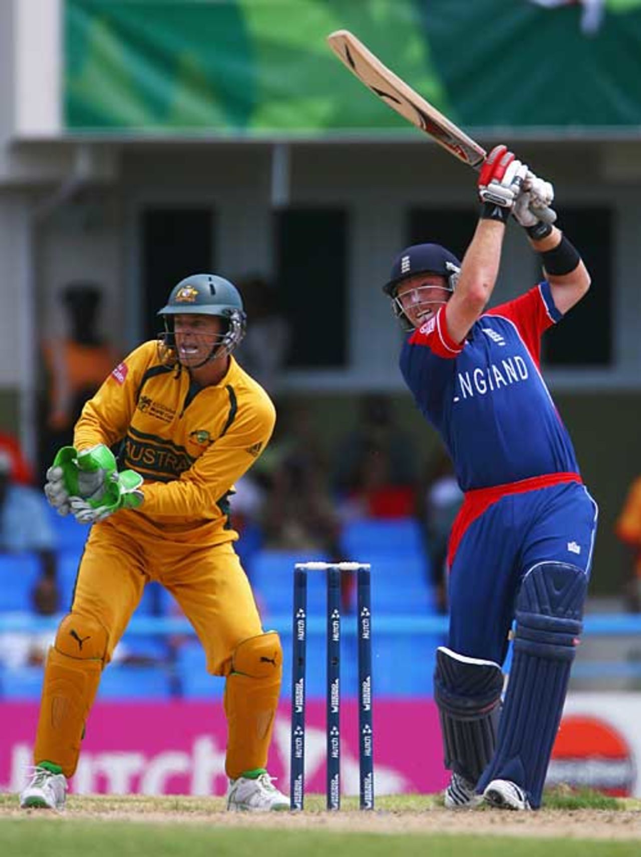 Ian Bell goes over cover off Glenn McGrath, Australia v England, Super Eights, Antigua, April 8, 2007