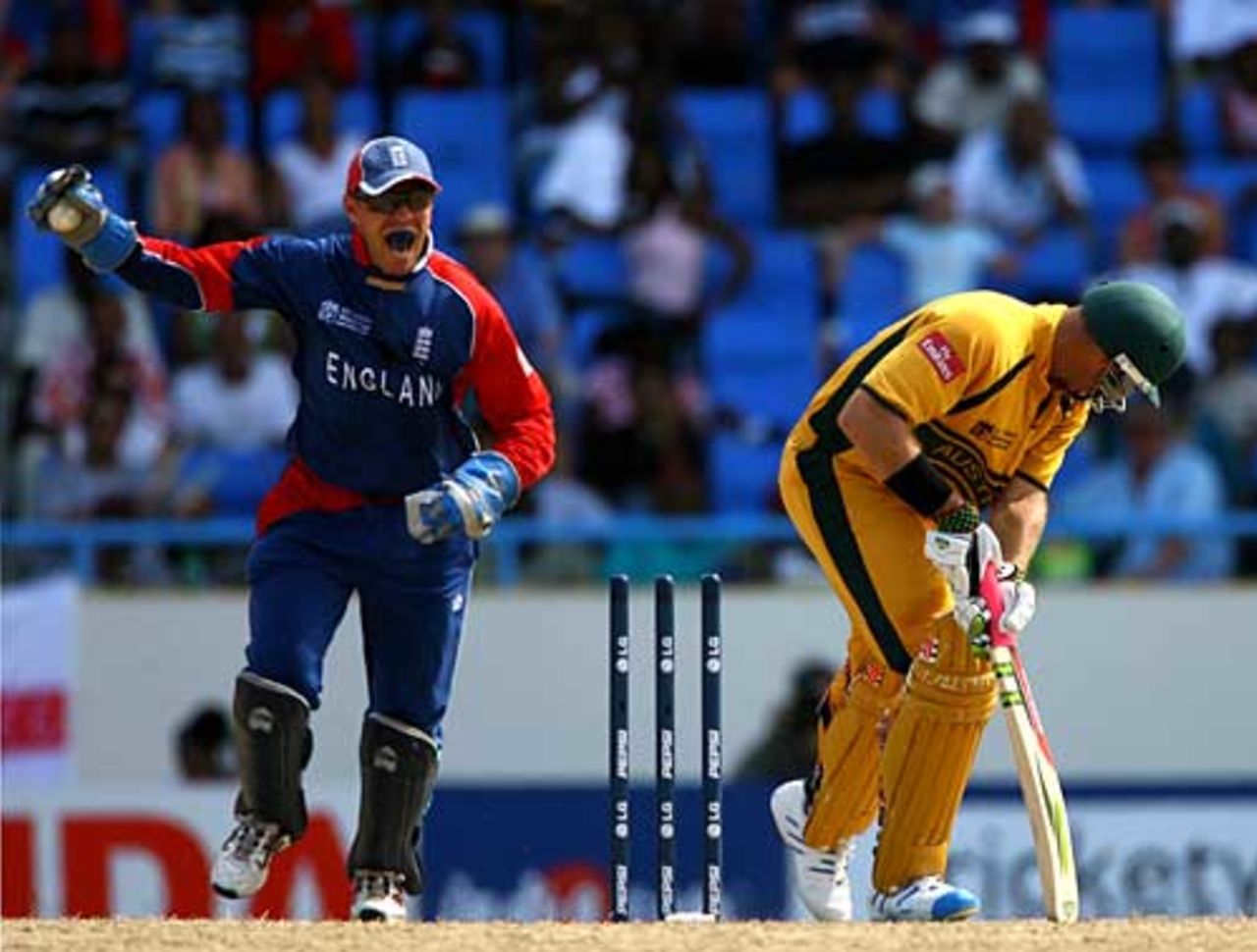 Matthew Hayden is bowled by Paul Collingwood, Australia v England, Super Eights, Antigua, April 8, 2007