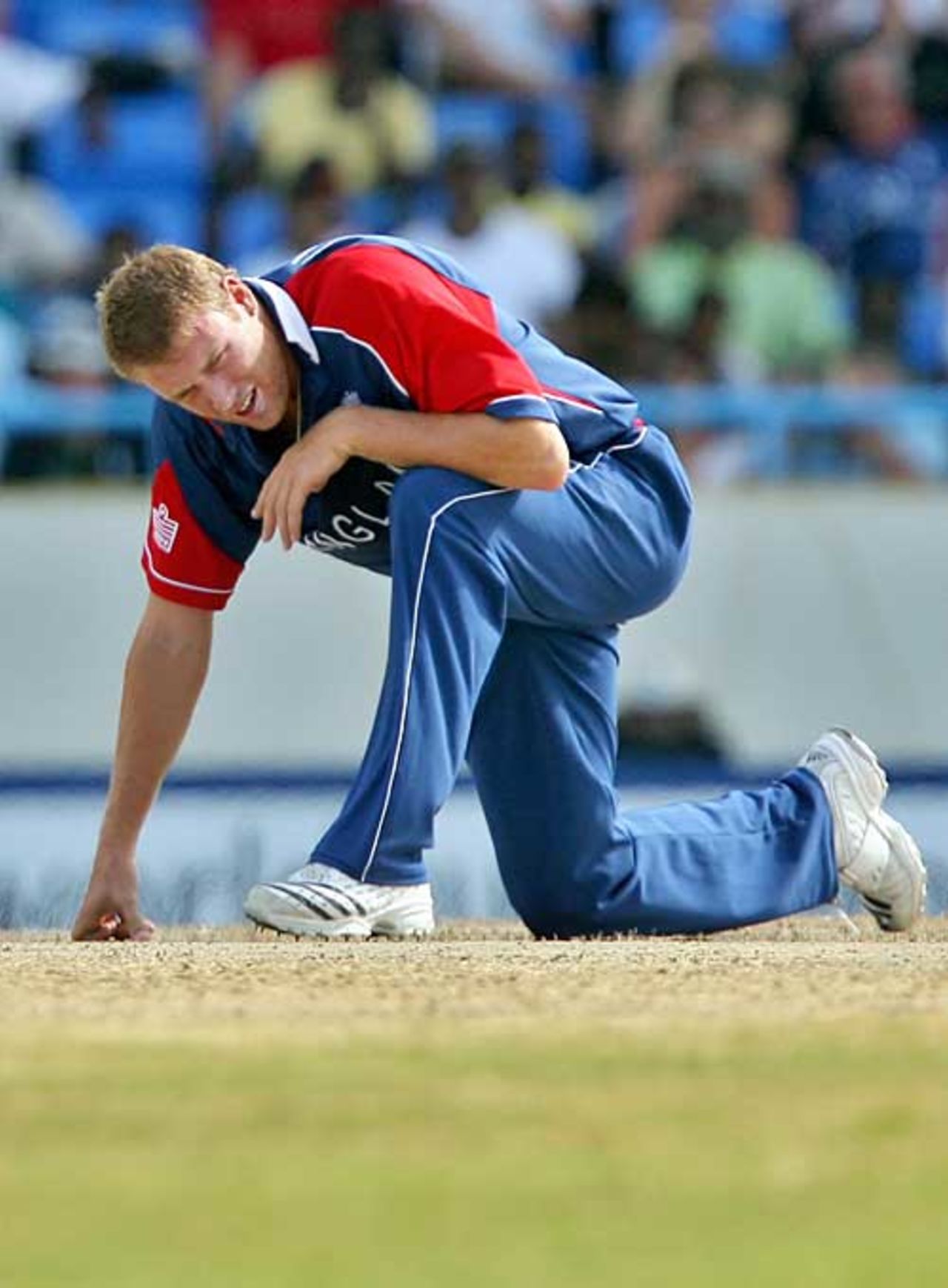 Andrew Flintoff reflects on a rejected lbw appeal, Australia v England, Super Eights, Antigua, April 8, 2007