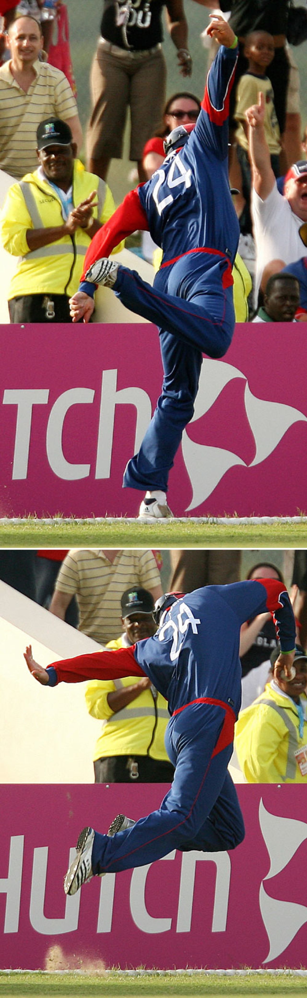 Kevin Pietersen takes a stunning running catch at deep midwicket...before momentum took him over the rope. It was eventually recorded as two runs, Australia v England, Super Eights, Antigua, April 8, 2007