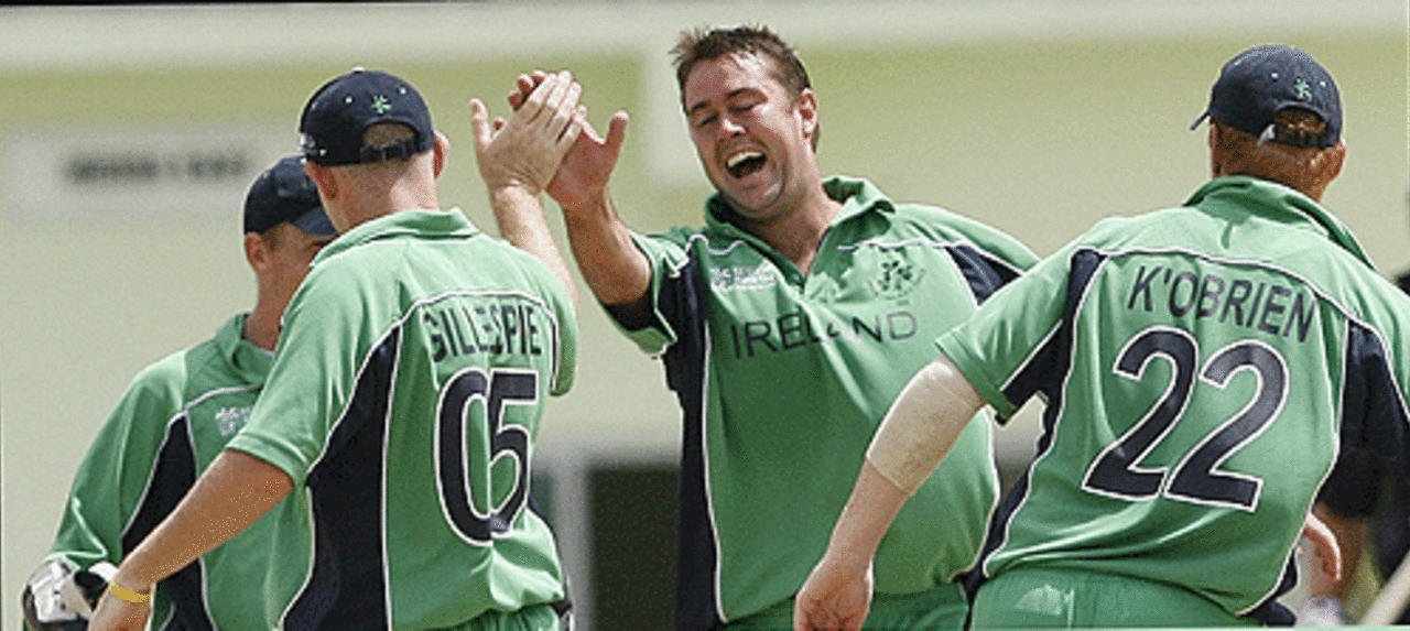 Dave Langford-Smith is congratulated by team-mates after dismissing Scott Styris, Ireland v New Zealand, Super Eights, Guyana, April 9, 2007 