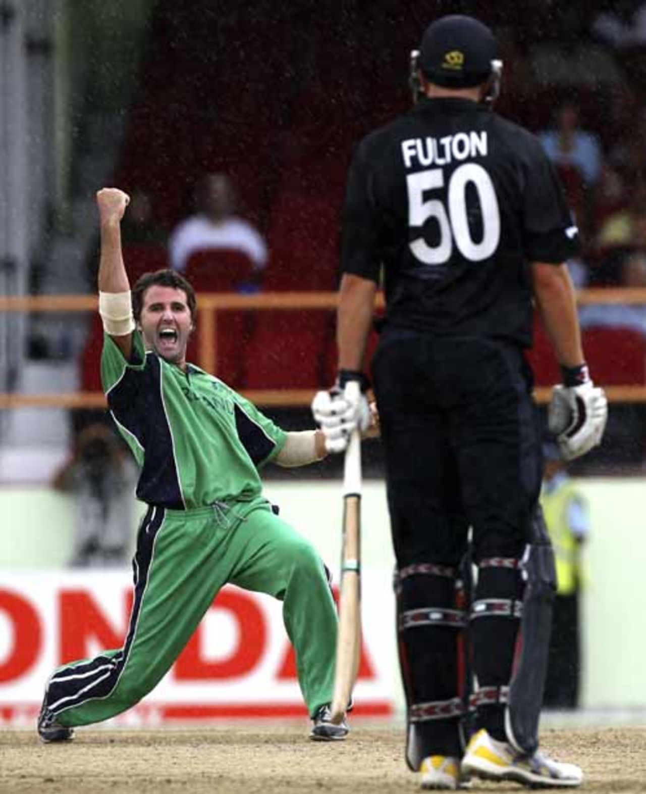 Kyle McCallan celebrates the wicket of Peter Fulton, Ireland v New Zealand, Super Eights, Guyana, April 9, 2007 