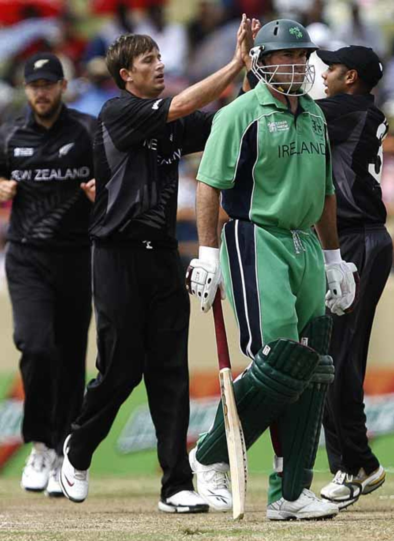 Shane Bond strikes early with the wicket of Jeremy Bray, Ireland v New Zealand, Super Eights, Guyana, April 9, 2007