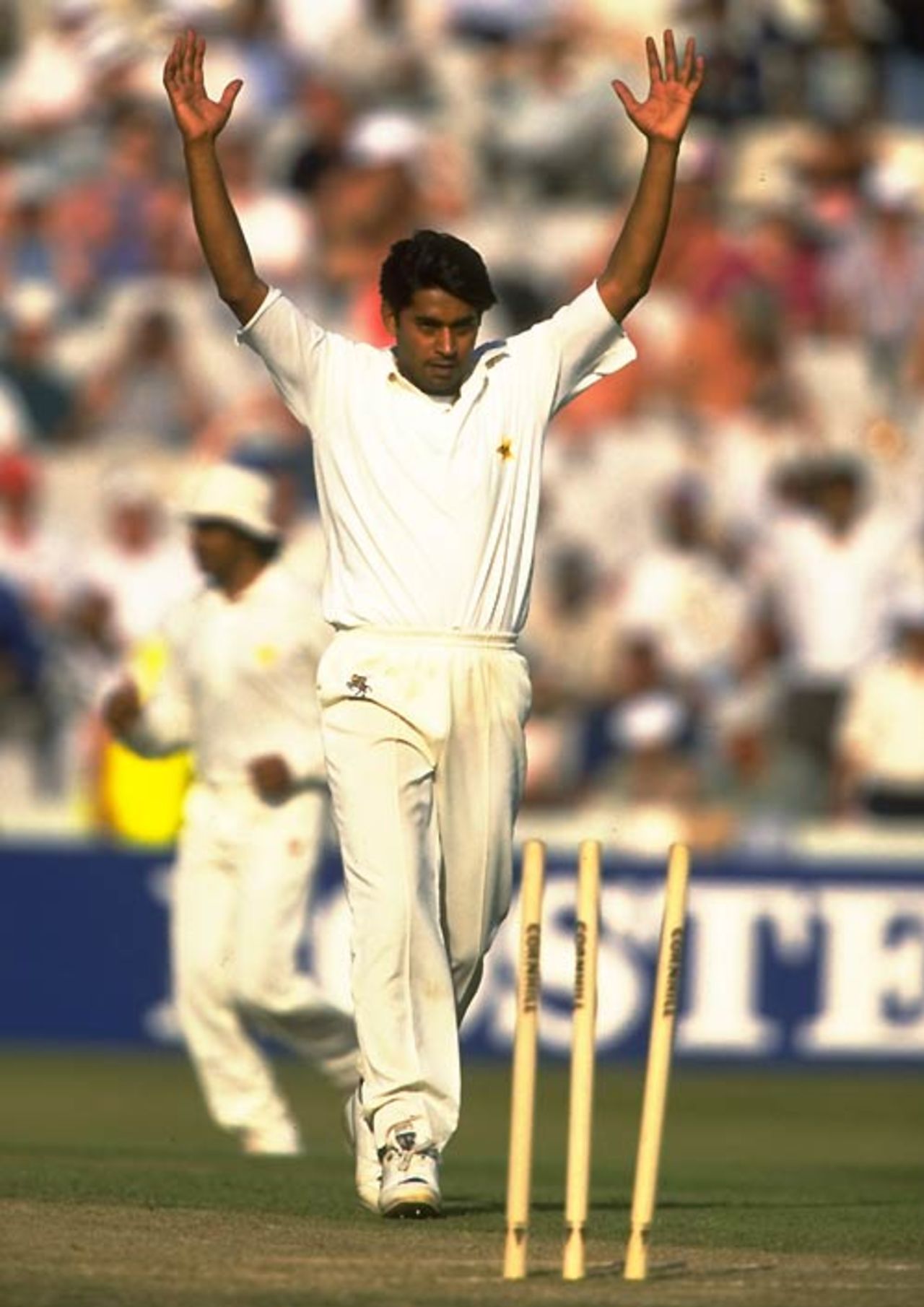 Aaqib Javed celebrates a wicket, England v Pakistan, 3rd Test, Old Trafford, July 7, 1992