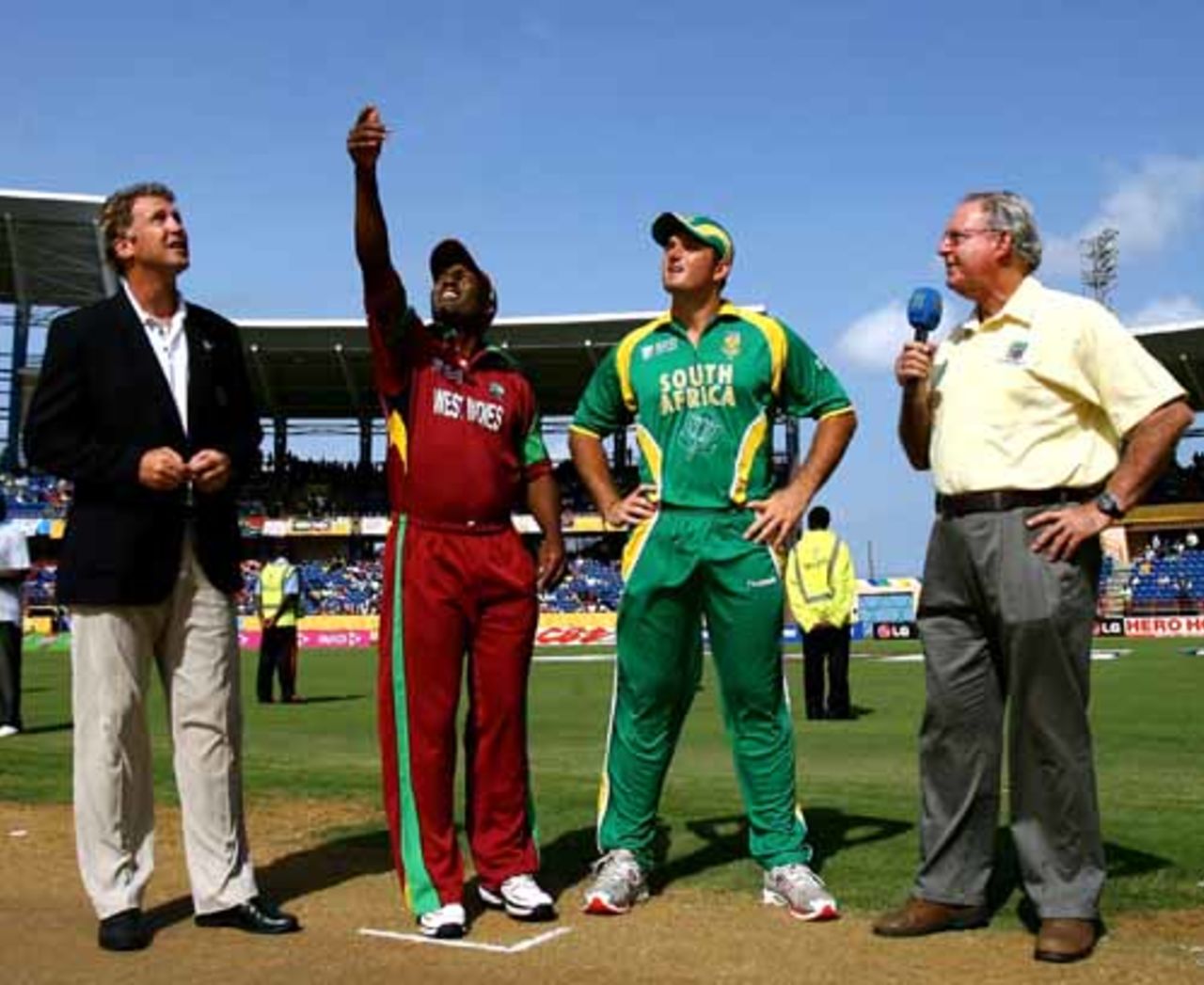 Match referee Chris Broad (extreme left) and television commentator Tony Cozier with captains Brian Lara and Graeme Smith at the toss, South Africa v West Indies, Super Eights, Grenada, April 9, 2007