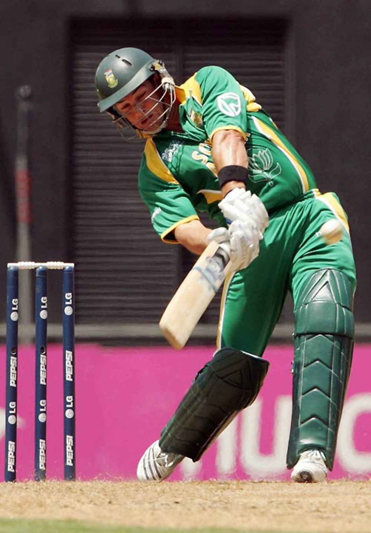 Mark Boucher goes for a mighty loft during his 52, South Africa v West Indies, Super Eights, Grenada, April 10, 2007