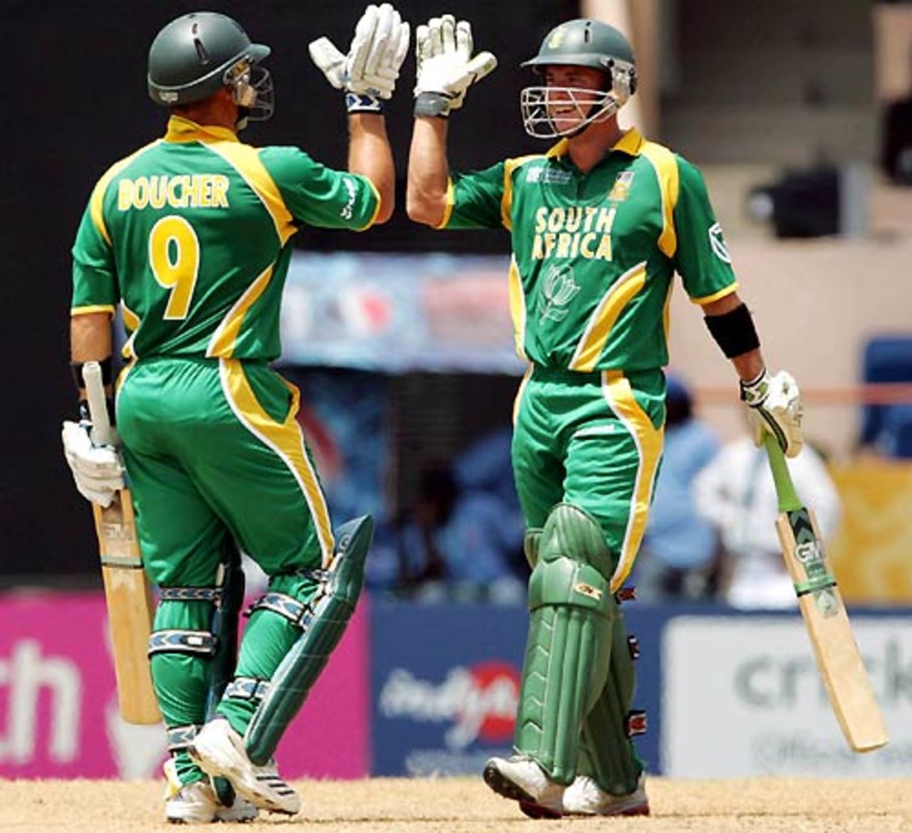 Mark Boucher and Herschelle Gibbs have everything to smile about during their whirlwind stand of 86, South Africa v West Indies, Super Eights, Grenada, April 10, 2007