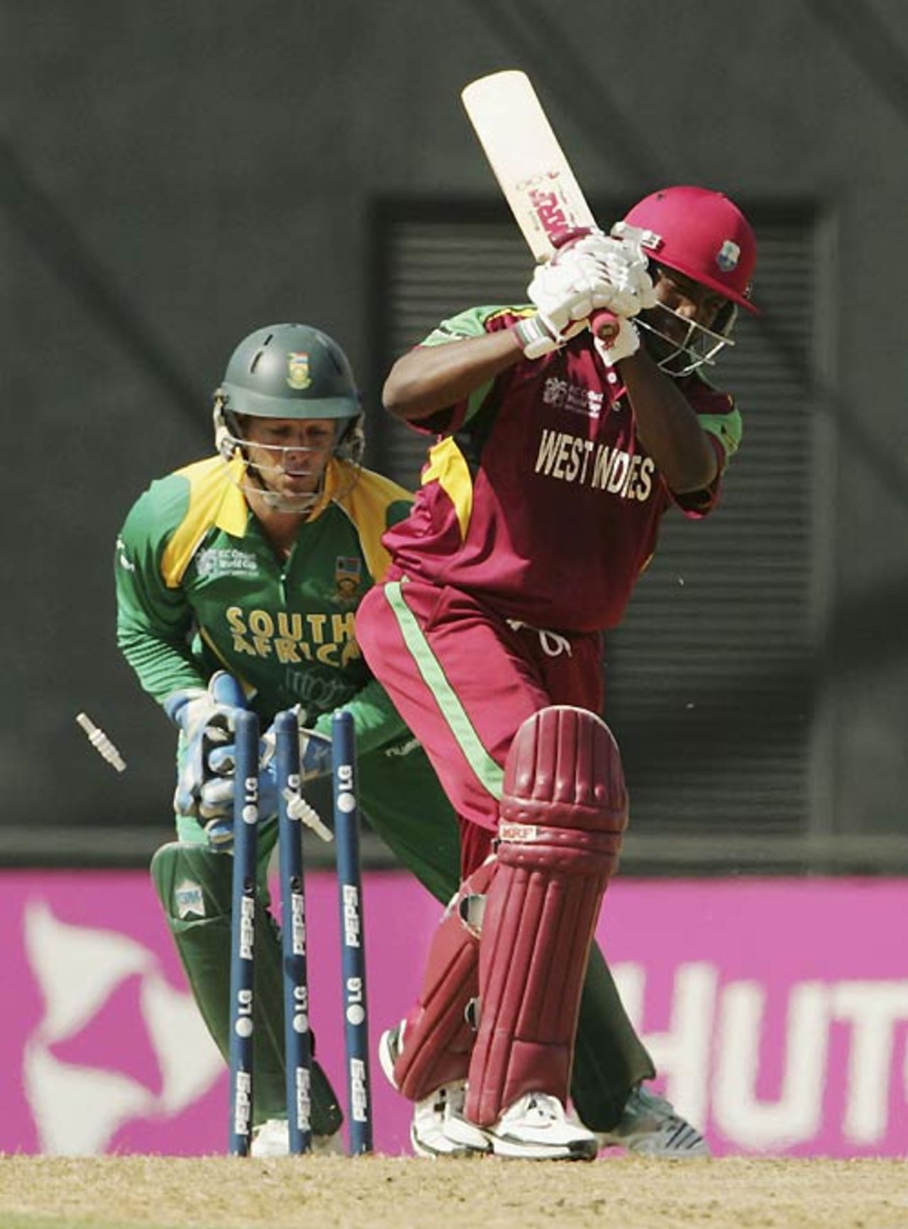 Brian Lara chops one onto his stumps, South Africa v West Indies, Super Eights, Grenada, April 10, 2007