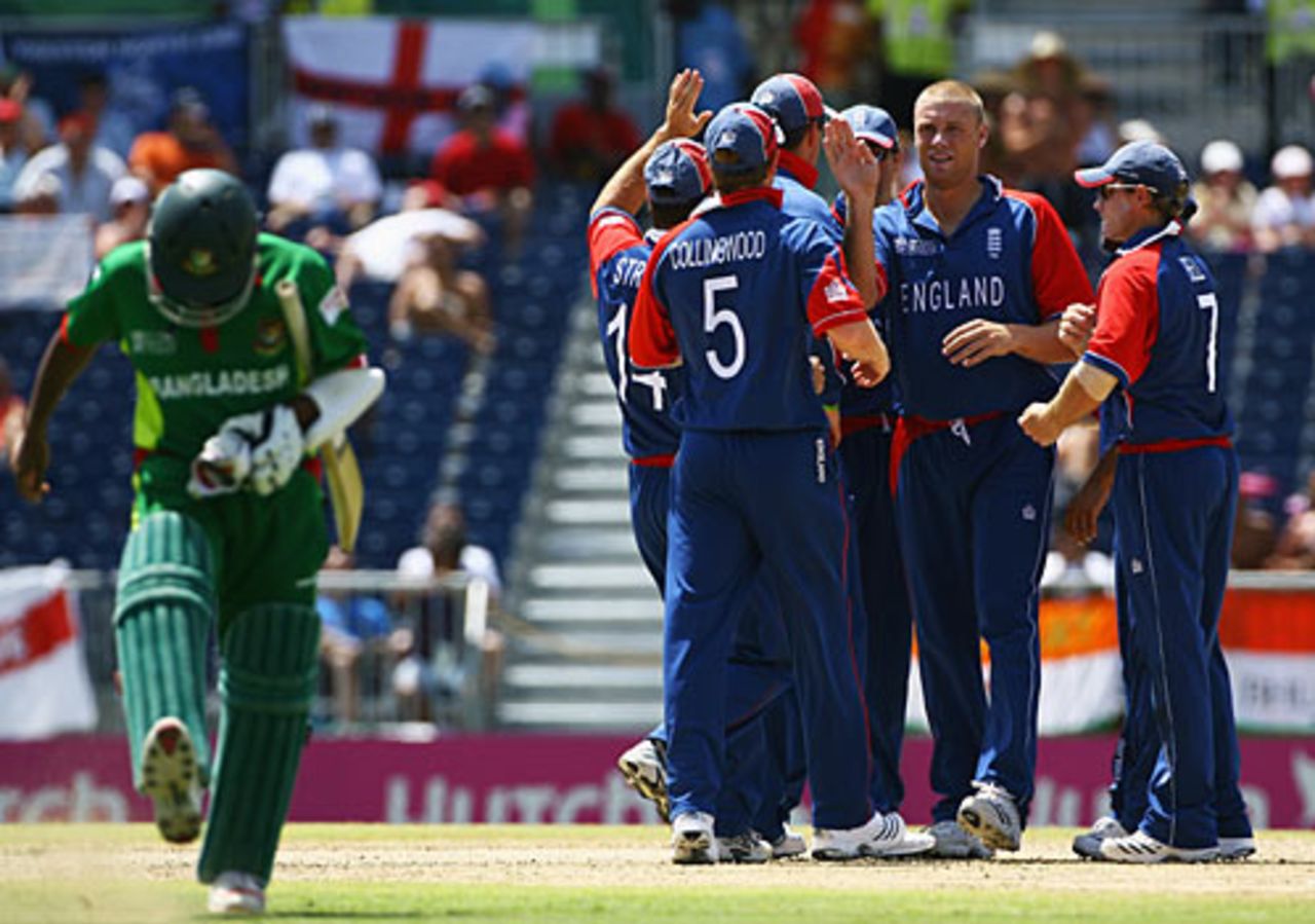Mushfiqur Rahim kicks the turf in frustration after being bowled by Andrew Flintoff for just a single, Bangladesh v England, Super Eights, Barbados, April 11, 2007