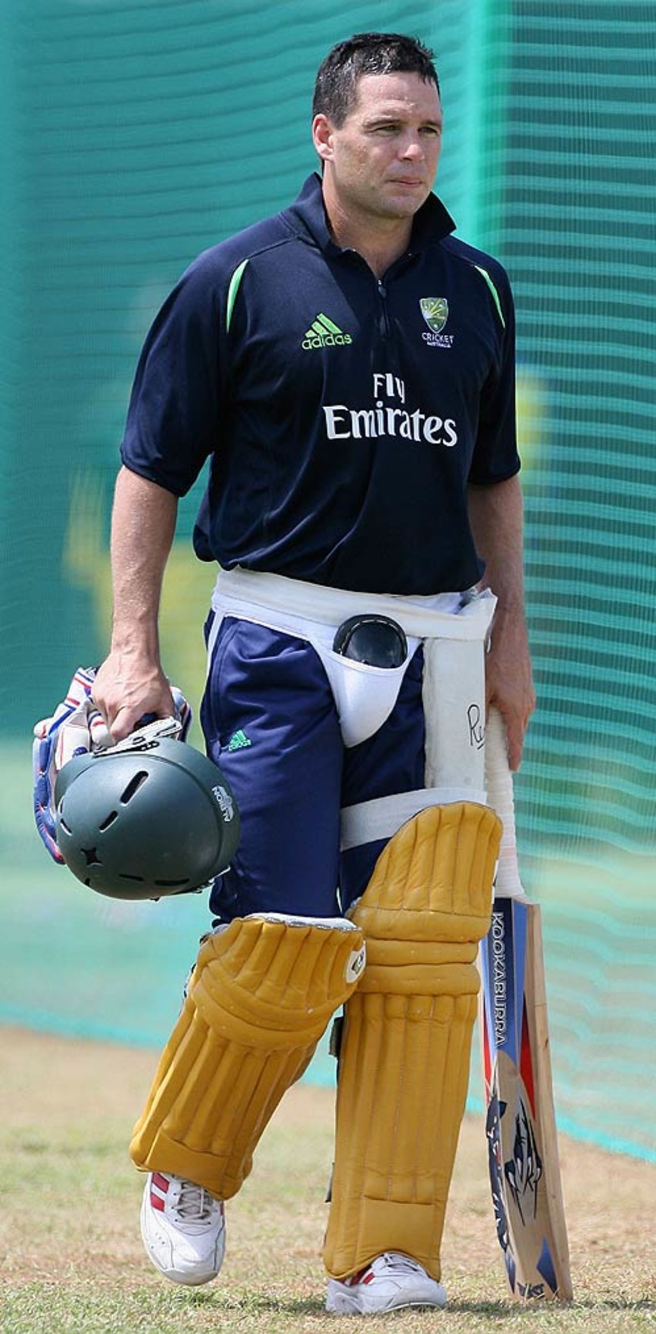 Brad Hodge takes a break after batting in the nets, Bridgetown, Barbados, April 11, 2007