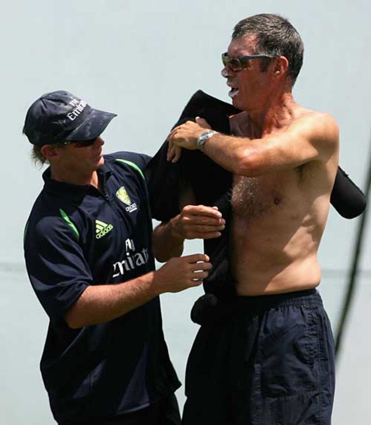 John Buchanan gets some treatment from the Aussie physio, Kensington Oval, Barbados, April 12, 2007