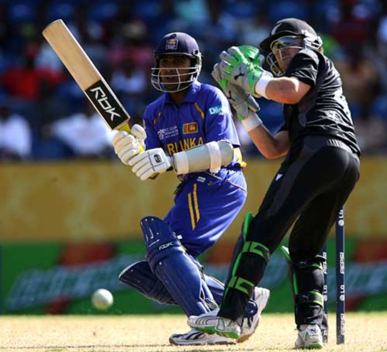 Mahela Jayawardene turns one past Brendon McCullum, New Zealand v Sri Lanka, Super Eights, Grenada, April 12, 2007