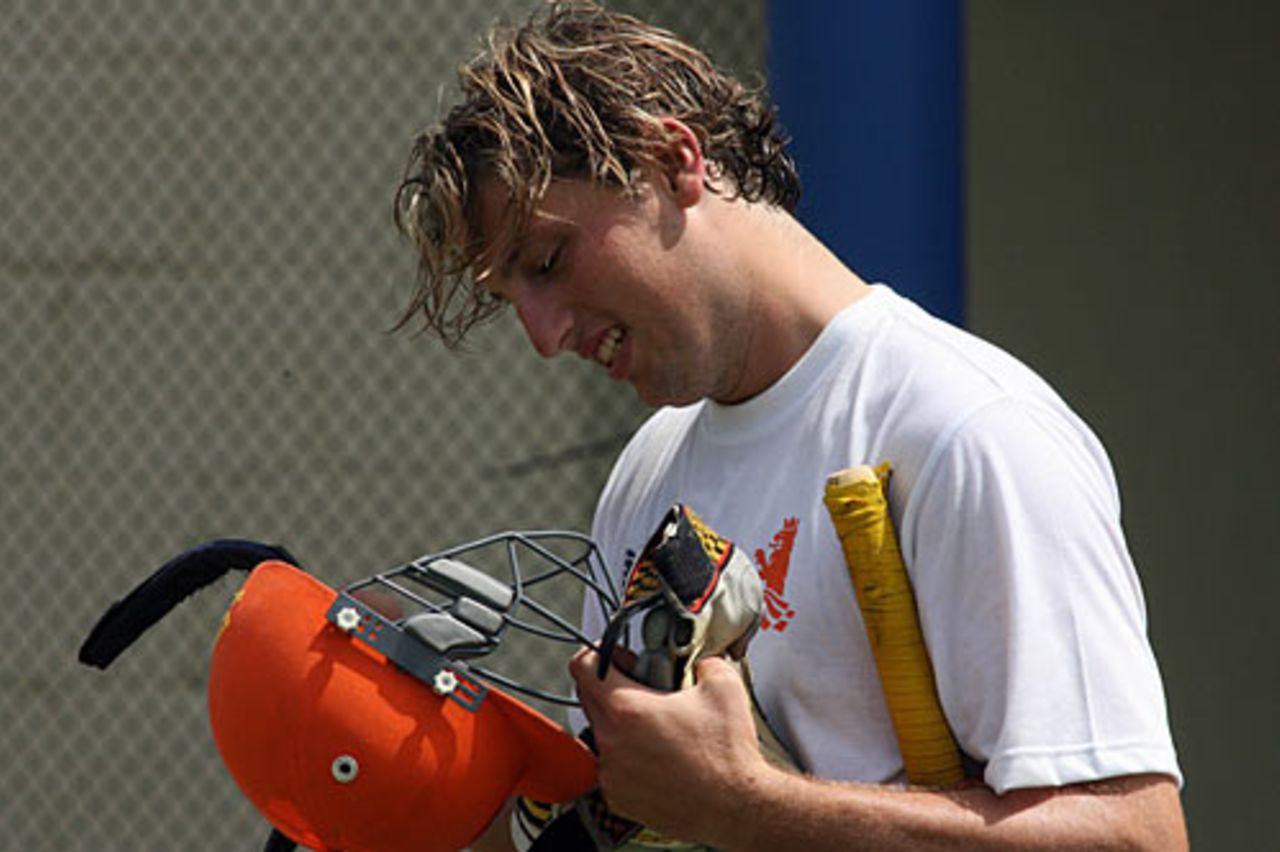 Daan van Bunge takes off his helmet after a net session, 2007 World Cup, Warner Park, St Kitts, March 12, 2007